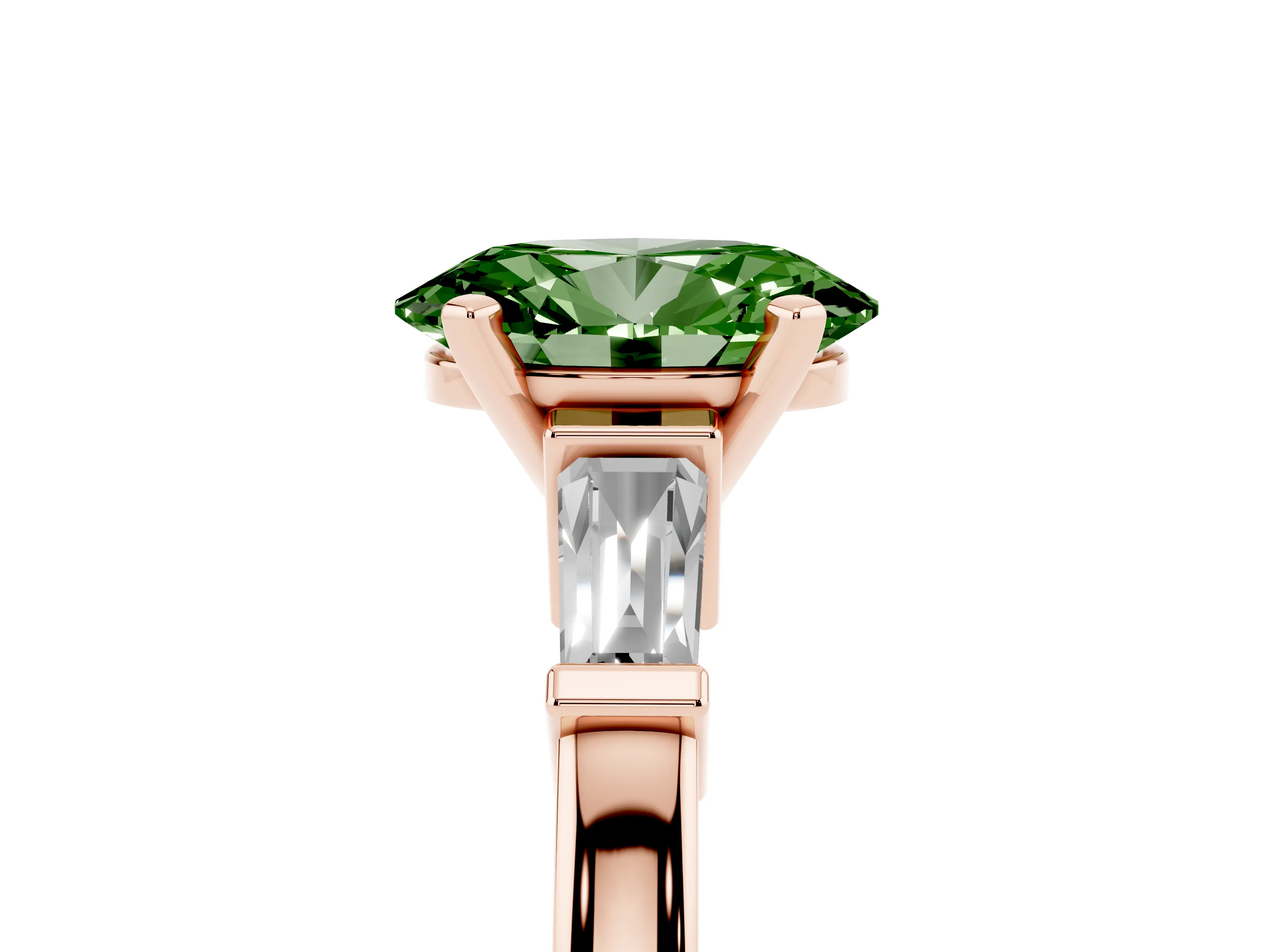 Fancy Green Oval Cut Diamond Solitaire Ring Set in Rose gold with Tapered Baguette Accents and Prong Setting