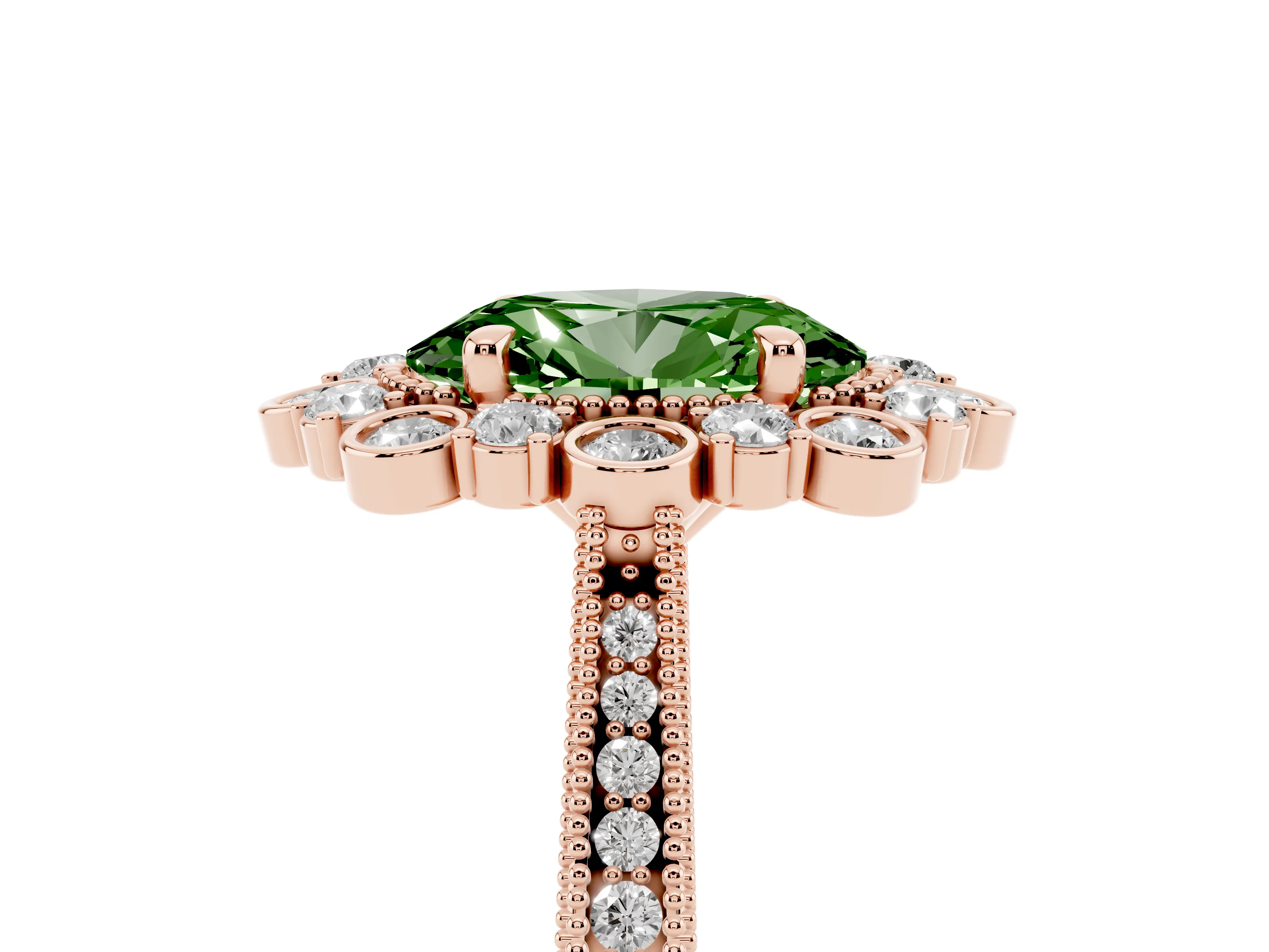 Fancy Green Oval Cut Diamond Halo Milgrain Pavé Ring Set in Rose gold with Prong Setting