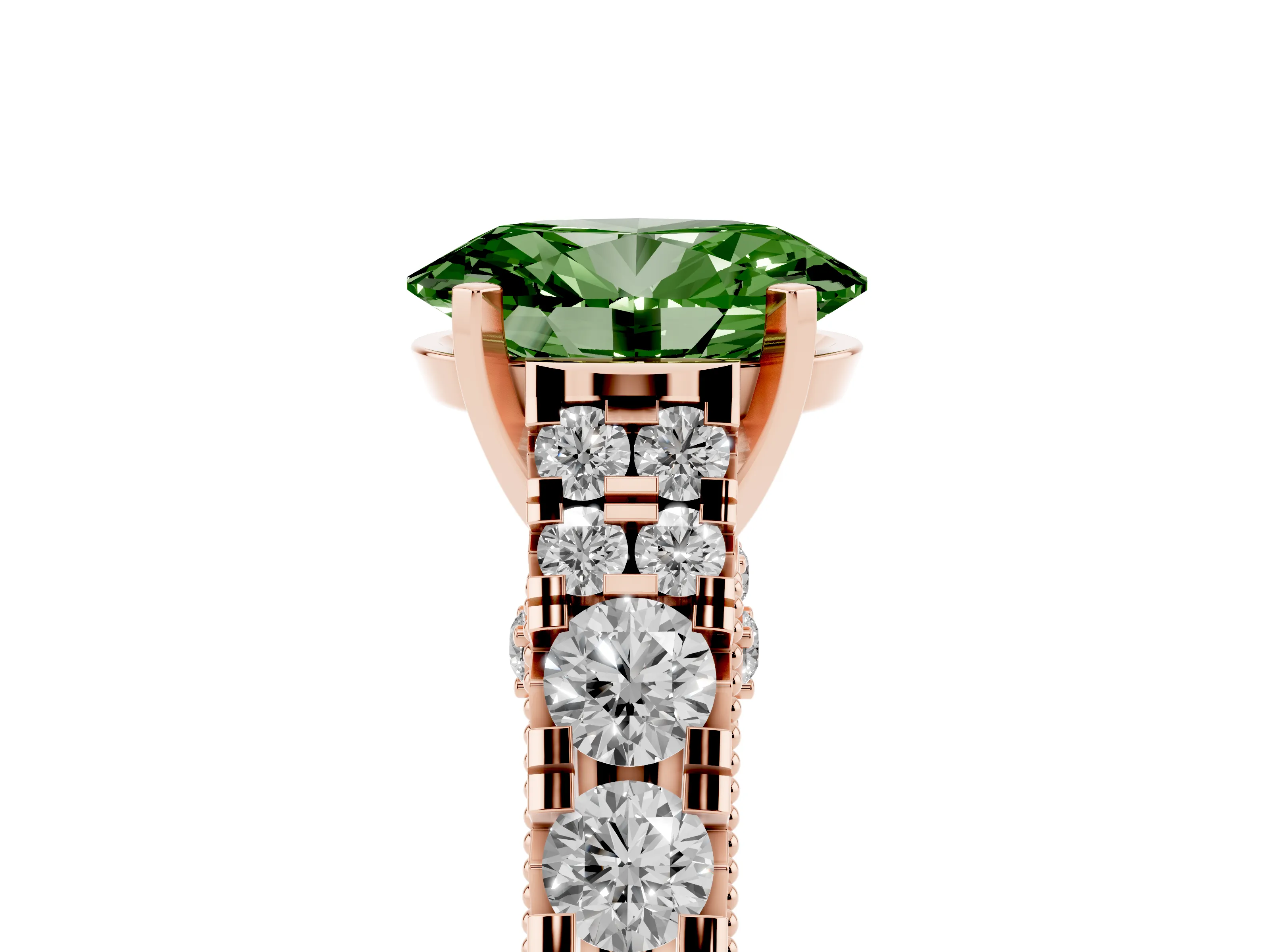 Fancy Green Oval Cut Diamond Classic Solitaire Ring Set in Rose gold with Pavé Band and Prong Setting