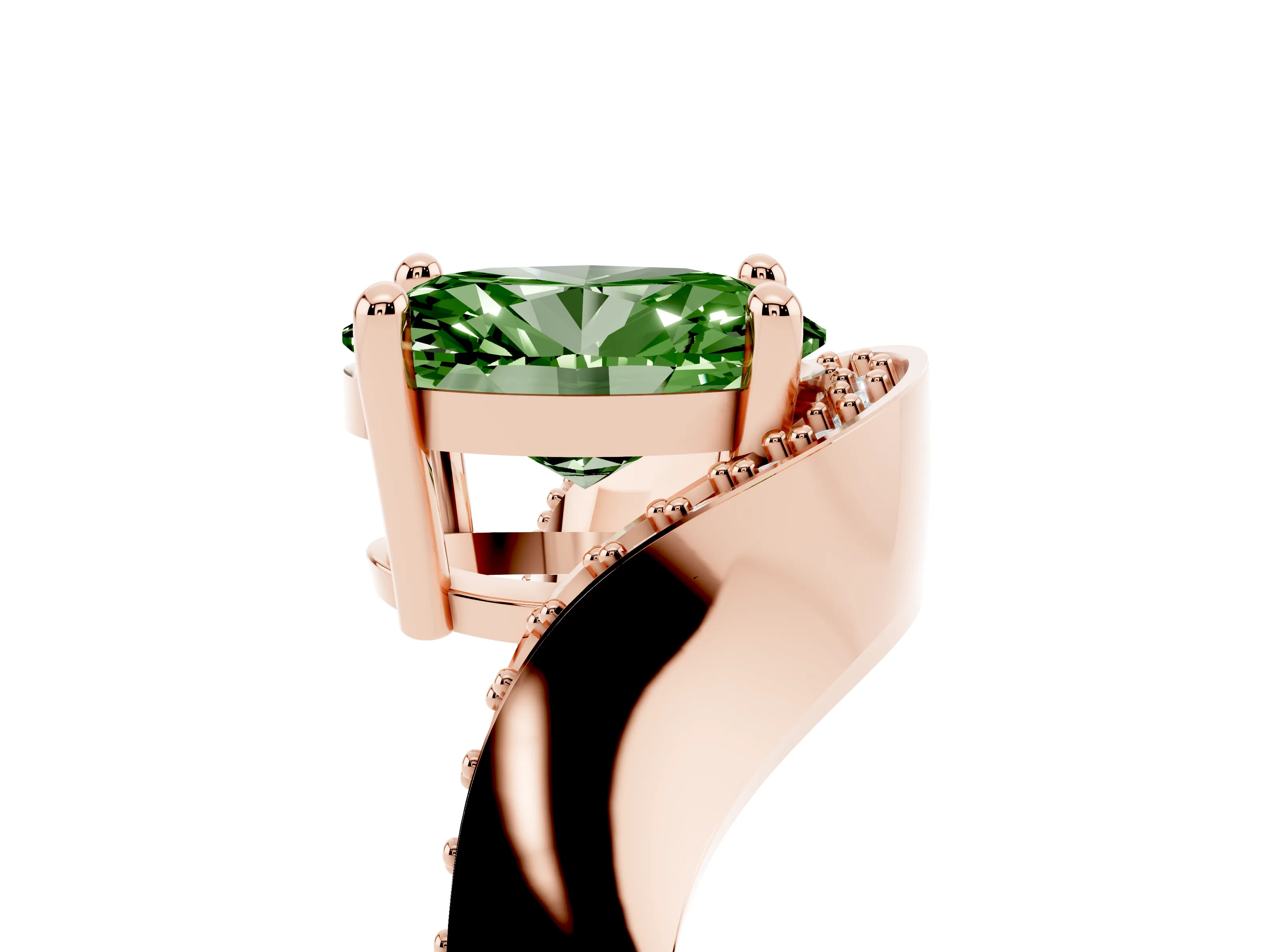 Fancy Green Oval Cut Diamond Solitaire Engagement Ring Set in Rose gold with Pavé Shoulders