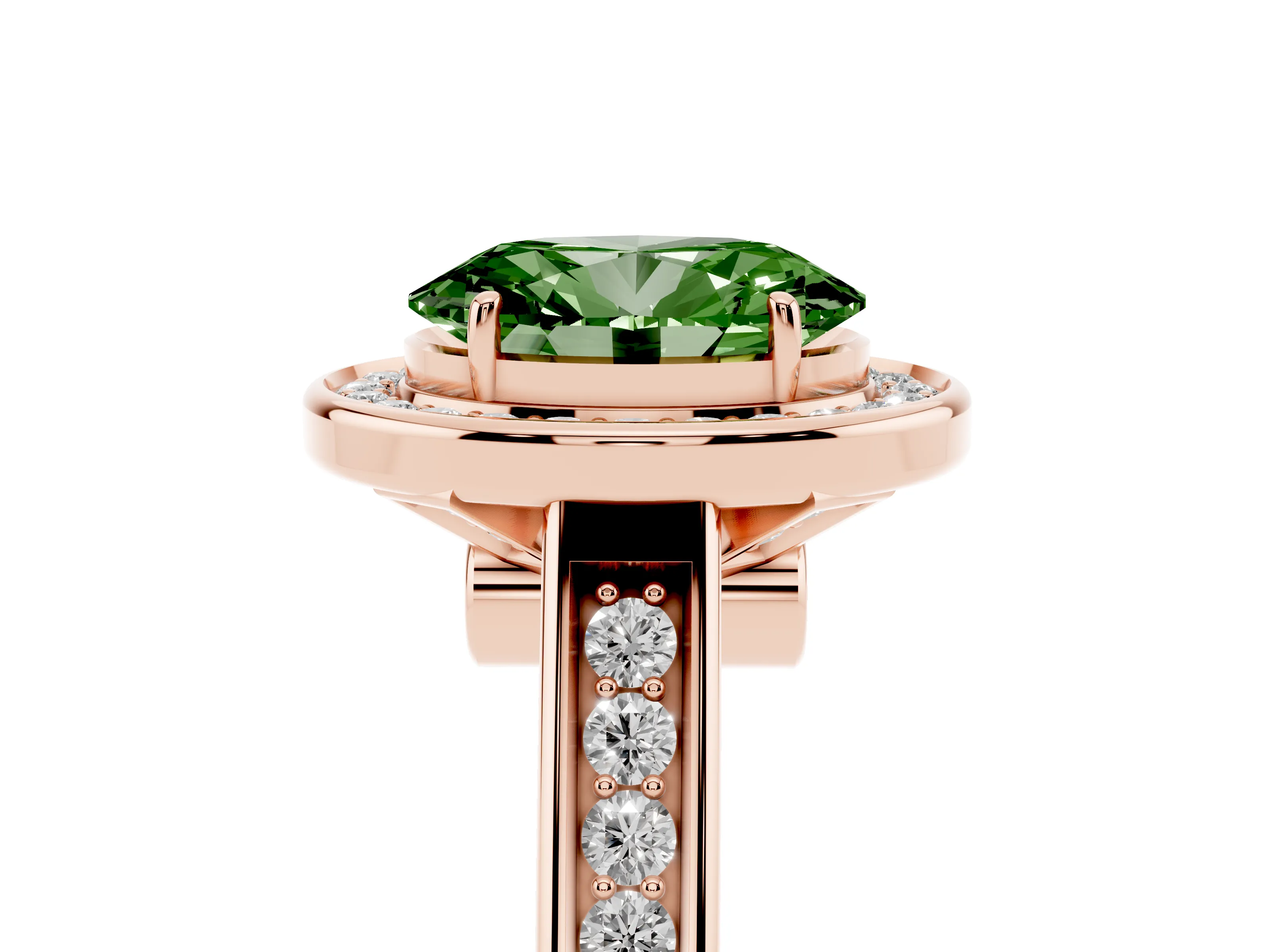 Fancy Green Oval Cut Diamond Halo Solitaire Ring Set in Rose gold with Pavé Band and Bezel Setting