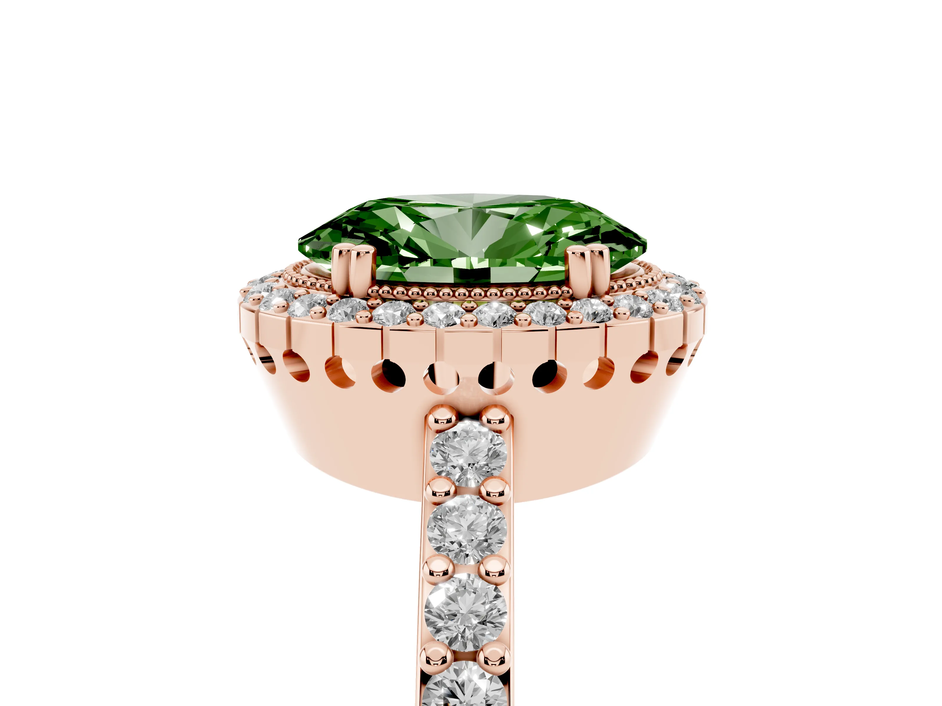 Fancy Green Oval Cut Diamond Halo Engagement Ring Set in Rose gold with Milgrain Detail and Pavé Band