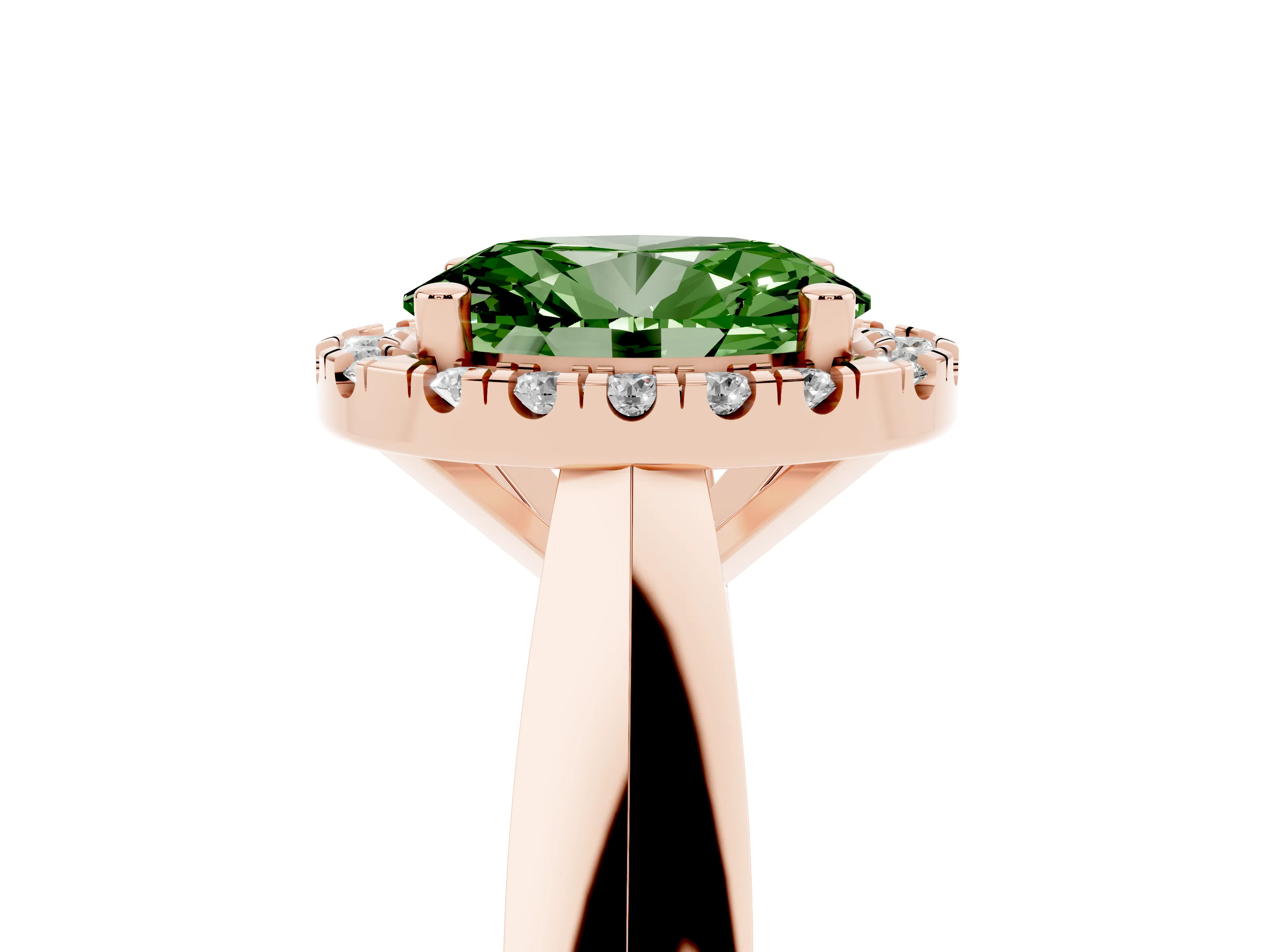 Fancy Green Oval Cut Diamond Halo Solitaire Engagement Ring Set in Rose gold with Square Band and Prong Setting