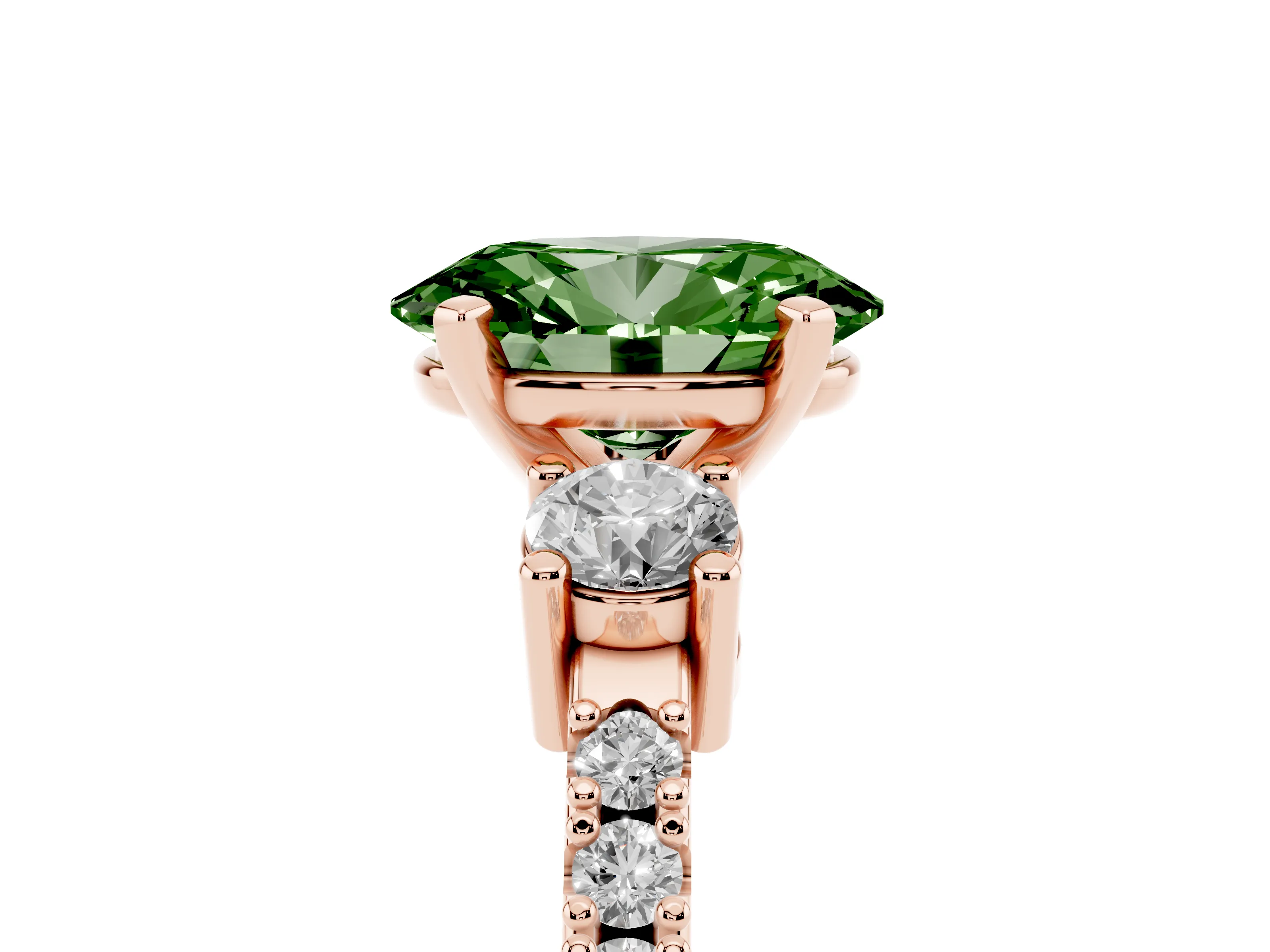 Fancy Green Three-Stone Oval Cut Diamond Pavé Band Ring Set in Rose gold with Prong Setting