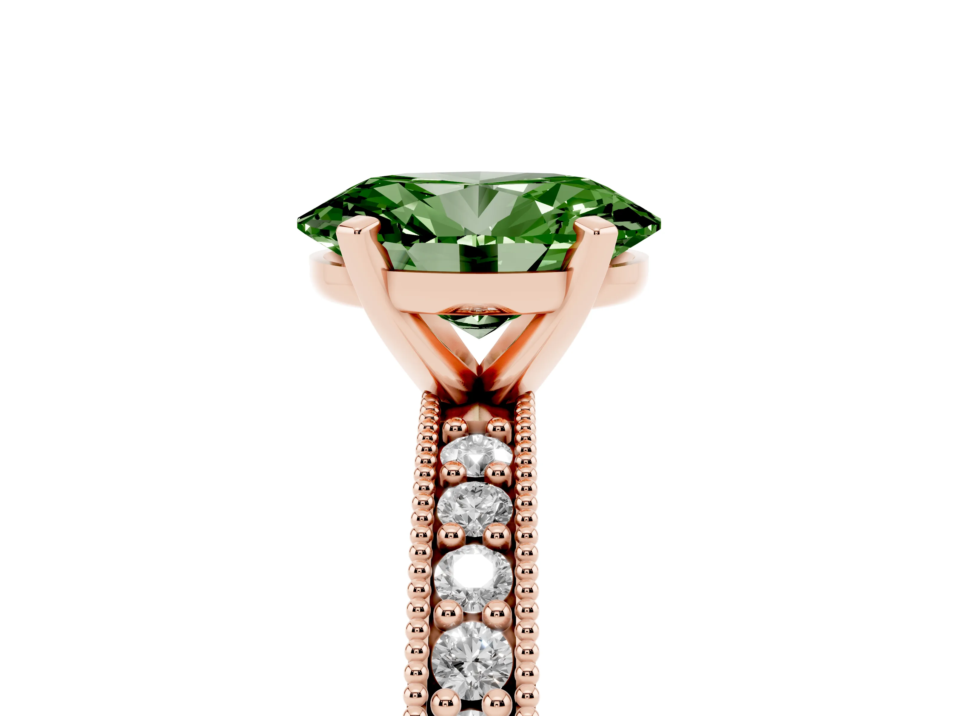 Fancy Green Oval Cut Diamond Milgrain Pavé Engagement Ring Set in Rose gold with Prong Setting