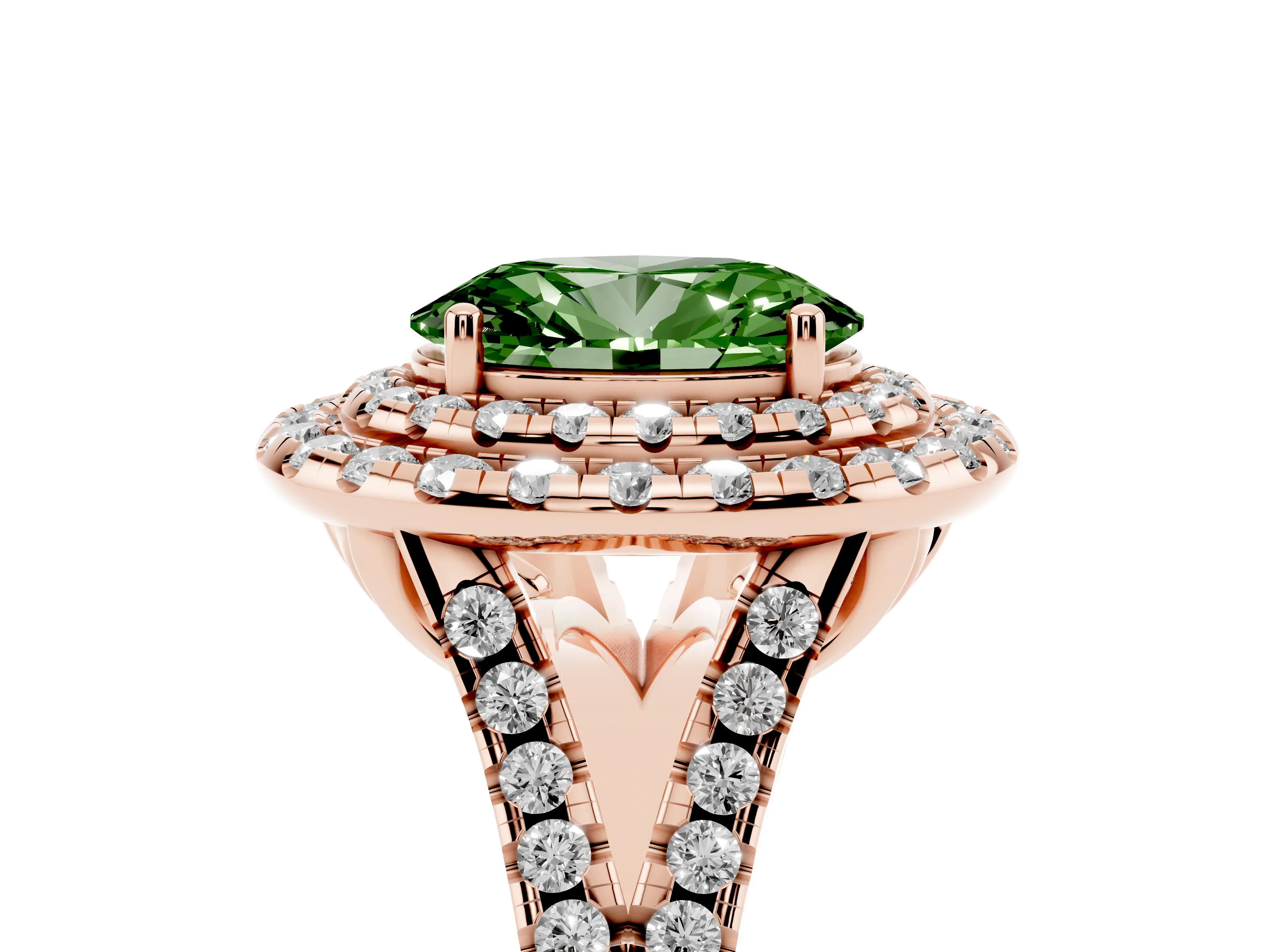 Fancy Green Oval Cut Diamond Double Halo Ring Set in Rose gold with Pavé Split Shank and Prong Setting