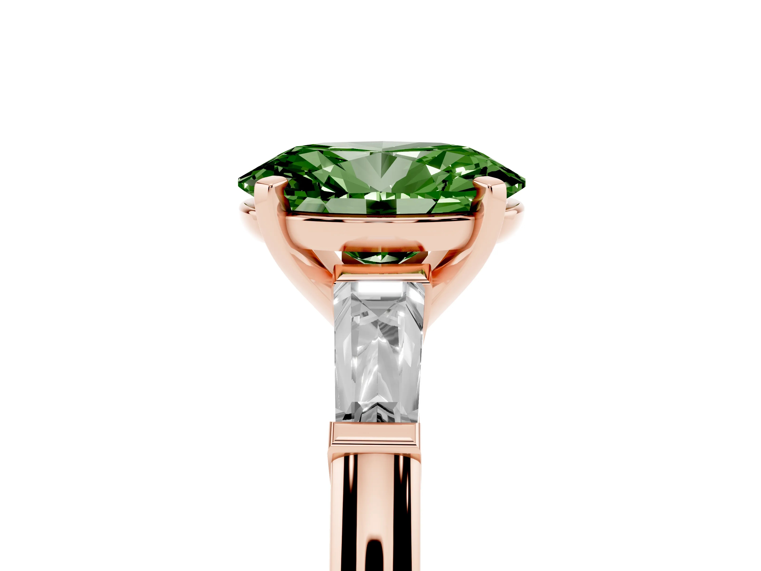 Fancy Green Oval Cut Diamond Solitaire Ring Set in Rose gold with Tapered Baguette Side Stones and Prong Setting