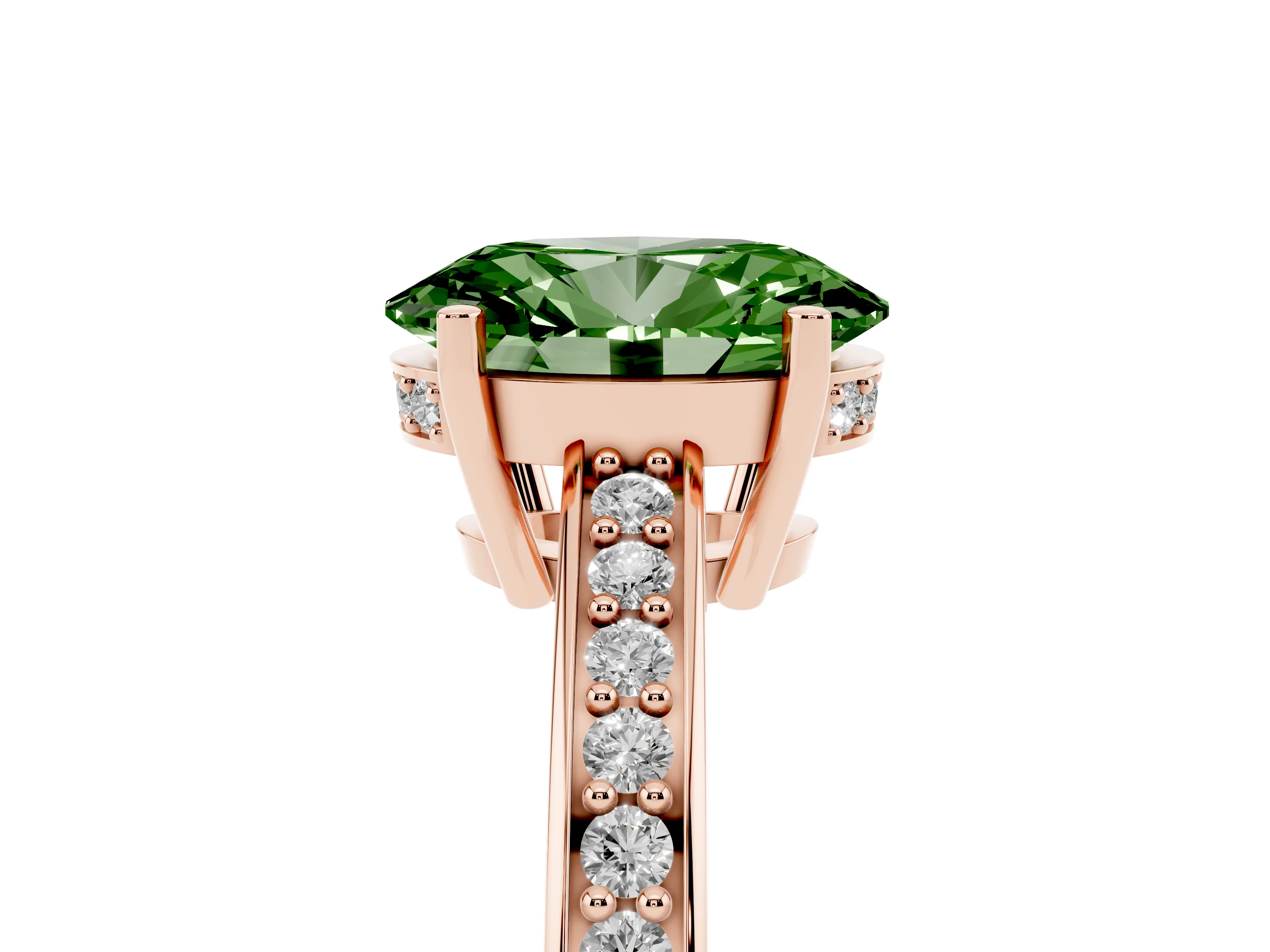 Fancy Green Oval Cut Diamond Pavé Band Prong Set Solitaire Ring Set in Rose gold