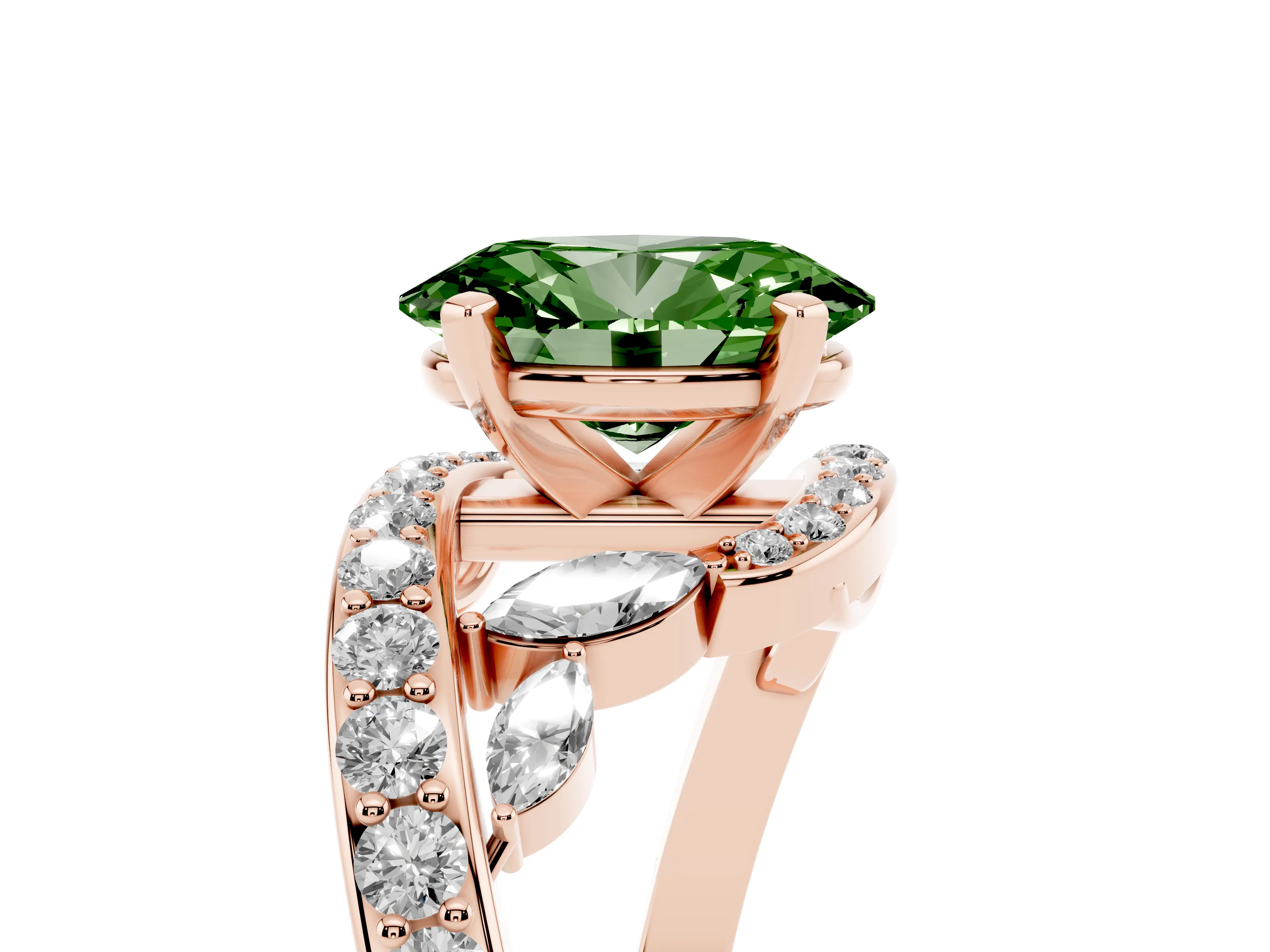 Fancy Green Oval Cut Diamond Solitaire Ring Set in Rose gold with Pavé Twist Band and Secure Prong Setting