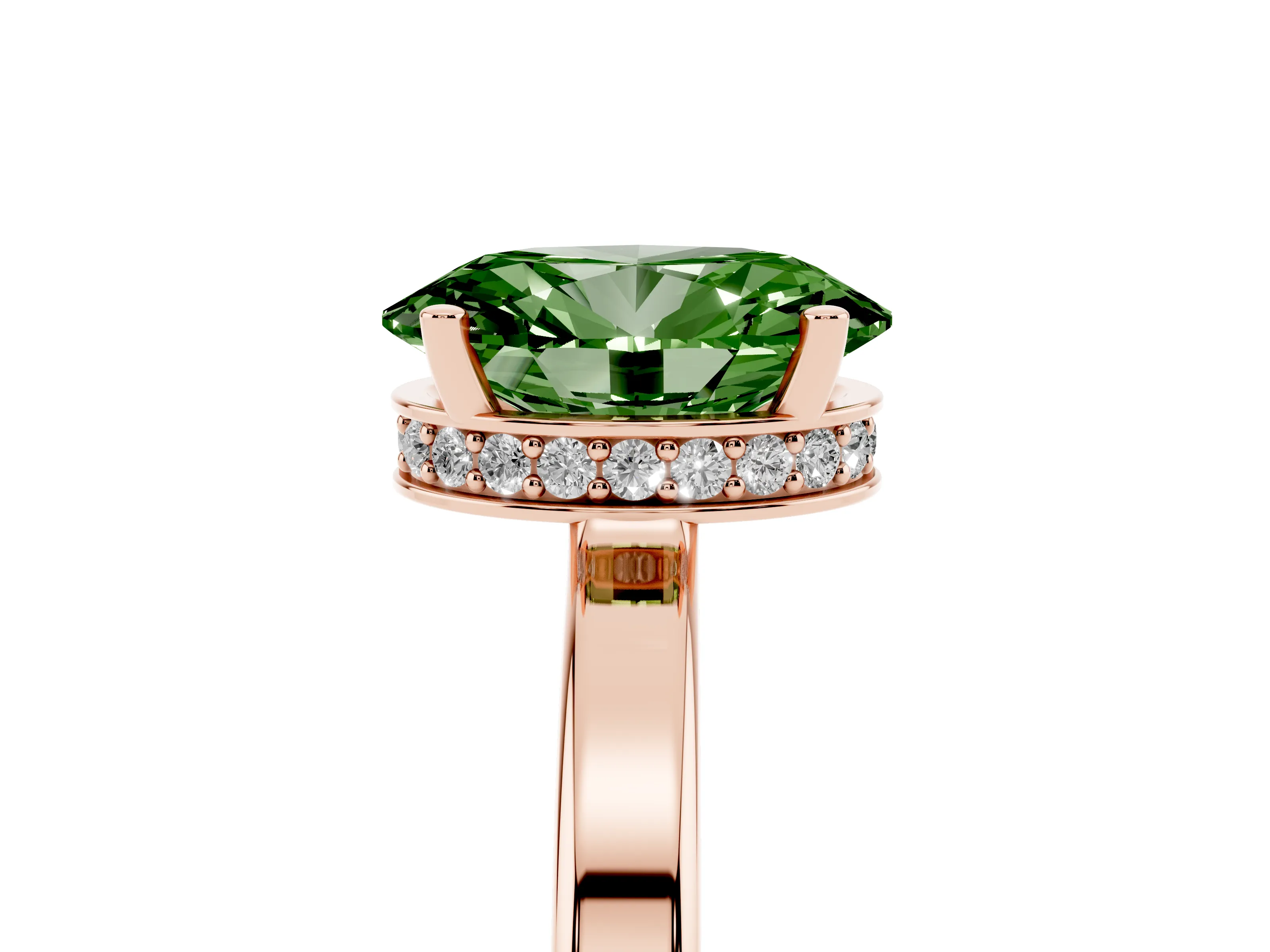 Fancy Green Oval Cut Diamond Solitaire Engagement Ring Set in Rose gold with Prong Setting on a Plain Band