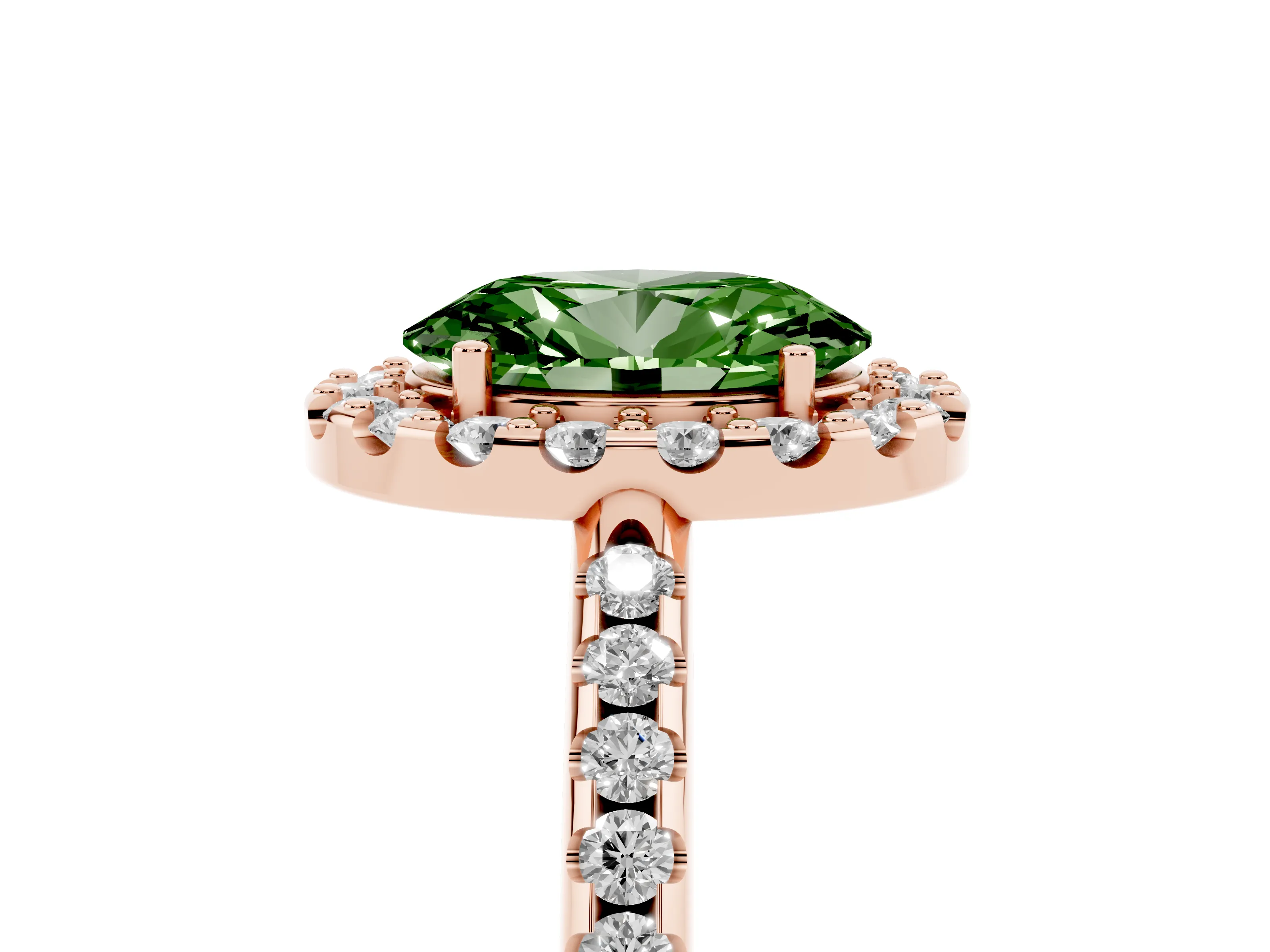 Fancy Green Oval Cut Diamond Pavé Halo Ring Set in Rose gold with Prong Setting