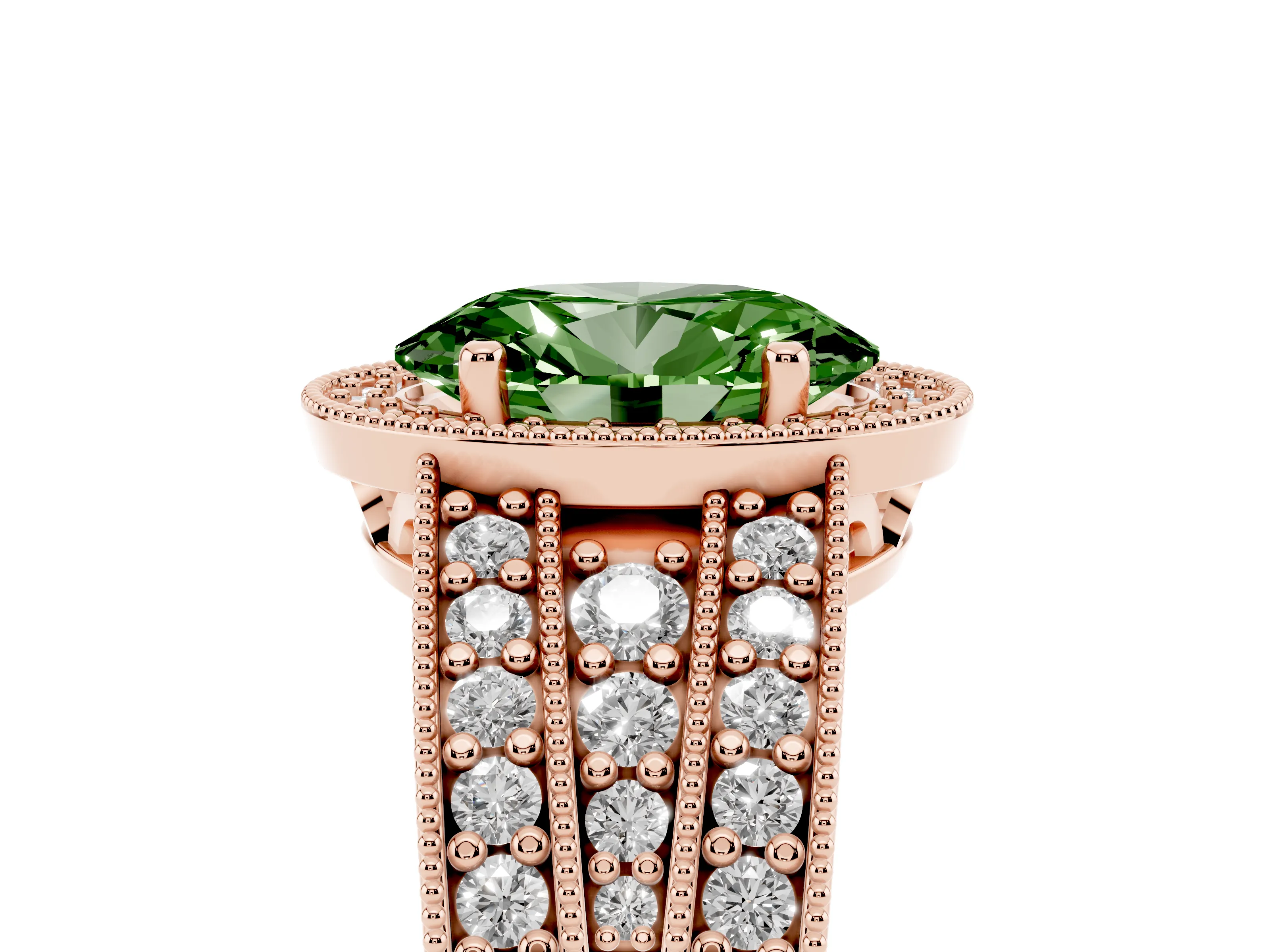 Fancy Green Oval Cut Diamond Halo Ring Set in Rose gold with Accent Split Shank and Prong Setting