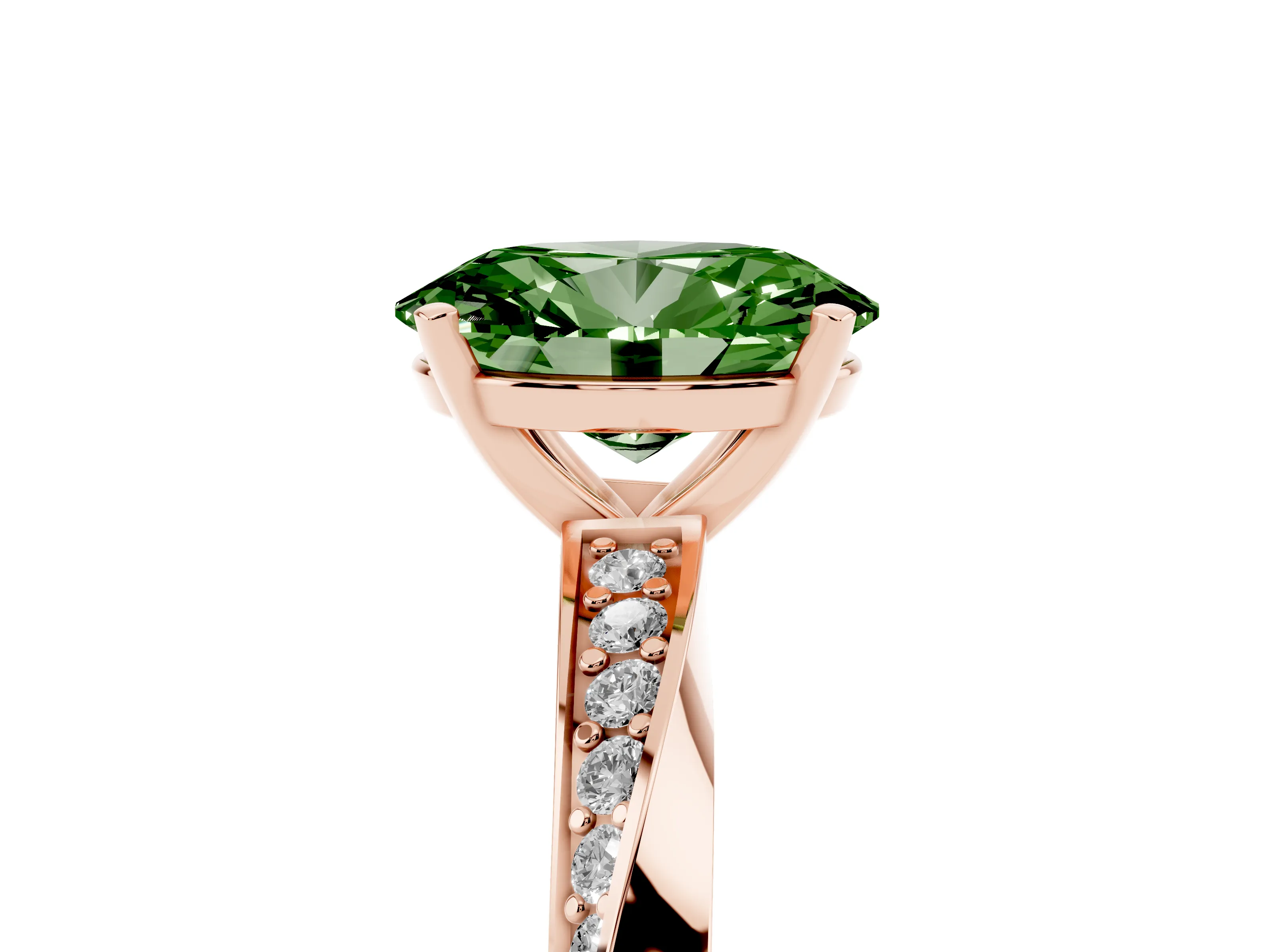 Fancy Green Oval Cut Diamond Engagement Ring Set in Rose gold with Side Stone Accents and Prong Setting