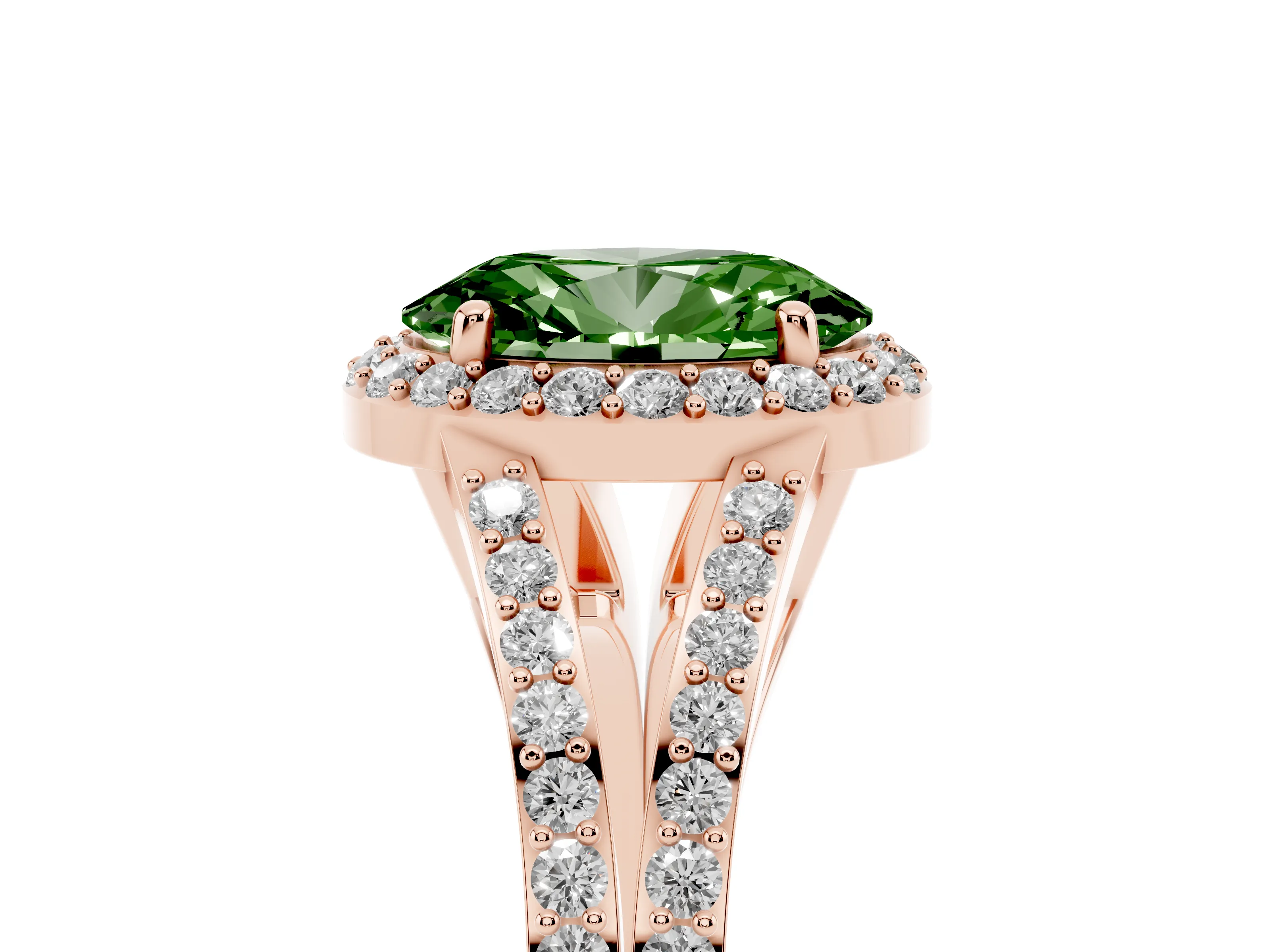 Fancy Green Oval Cut Diamond Halo Split Shank Ring Set in Rose gold with Accent Stones and Prong Setting