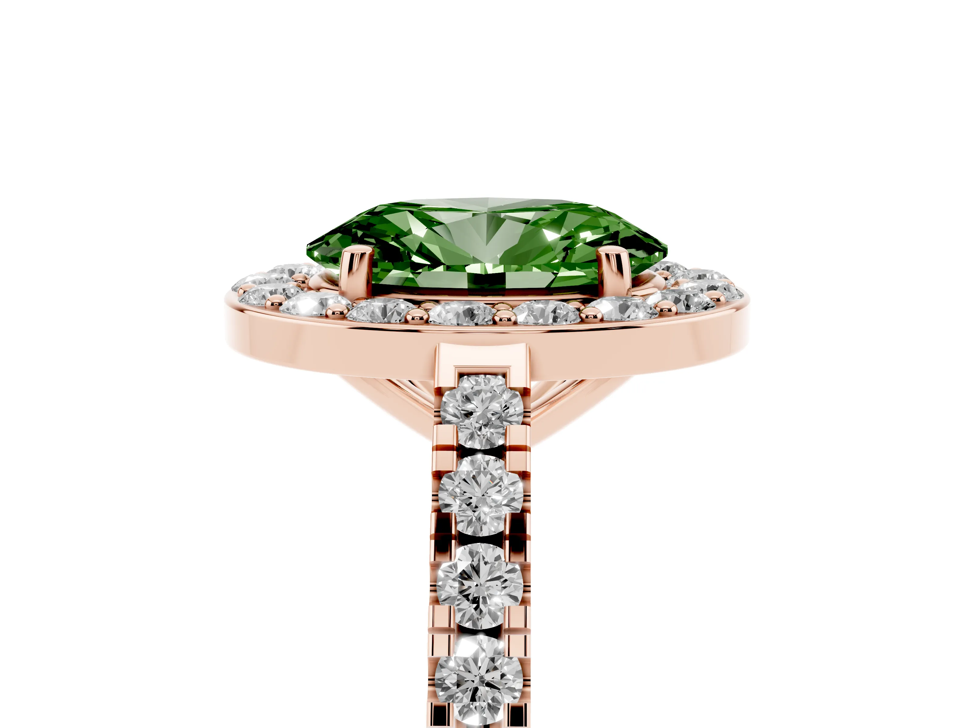Fancy Green Oval Cut Diamond Halo Ring Set in Rose gold with Round Pavé Split Shank and Prong Setting