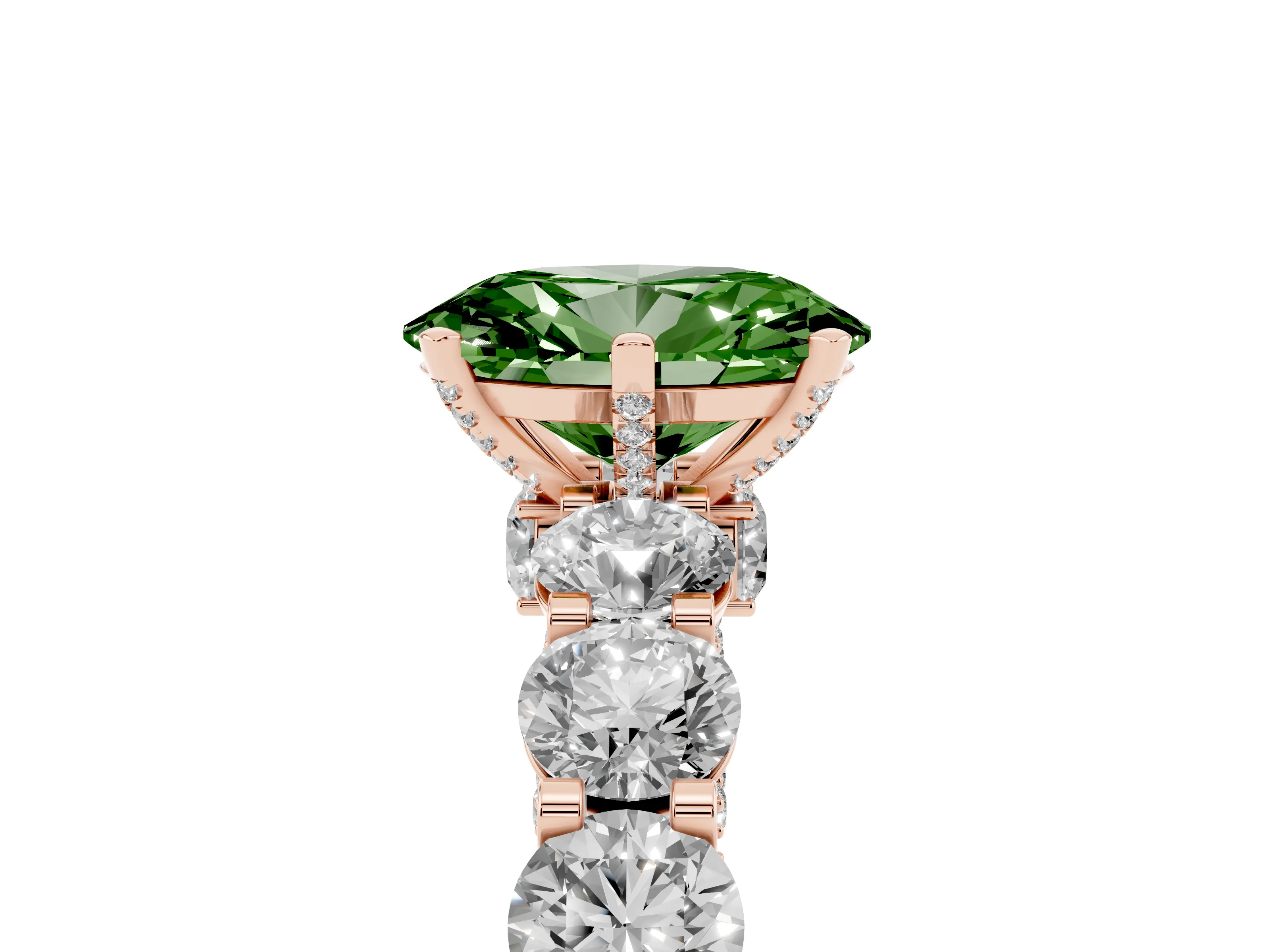 Fancy Green Oval Cut Diamond Side Stone Ring Set in Rose gold with Alternating Round and Oval Side Stones