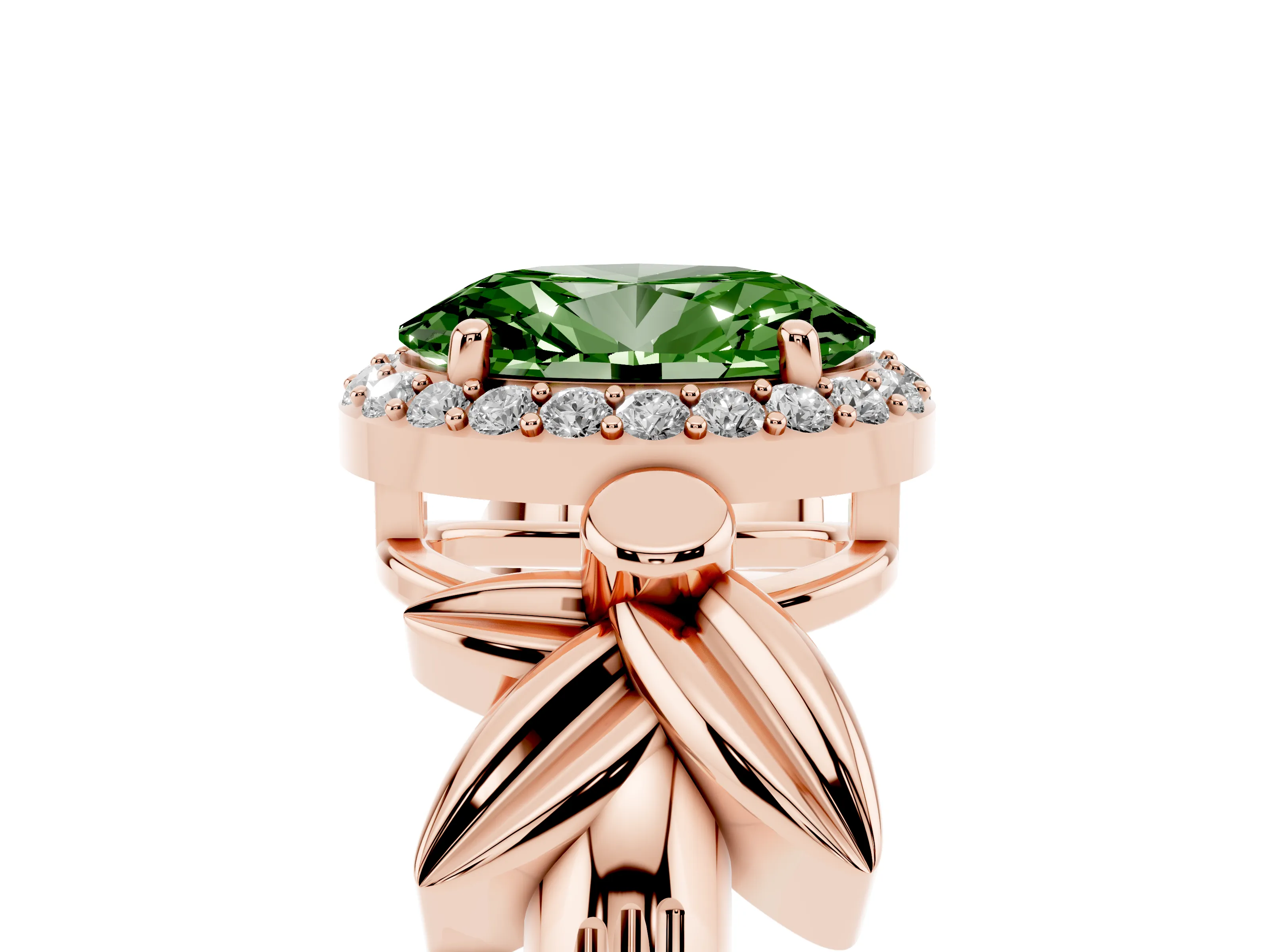 Fancy Green Oval Cut Diamond Halo Floral Band Ring Set in Rose gold with Prong Setting