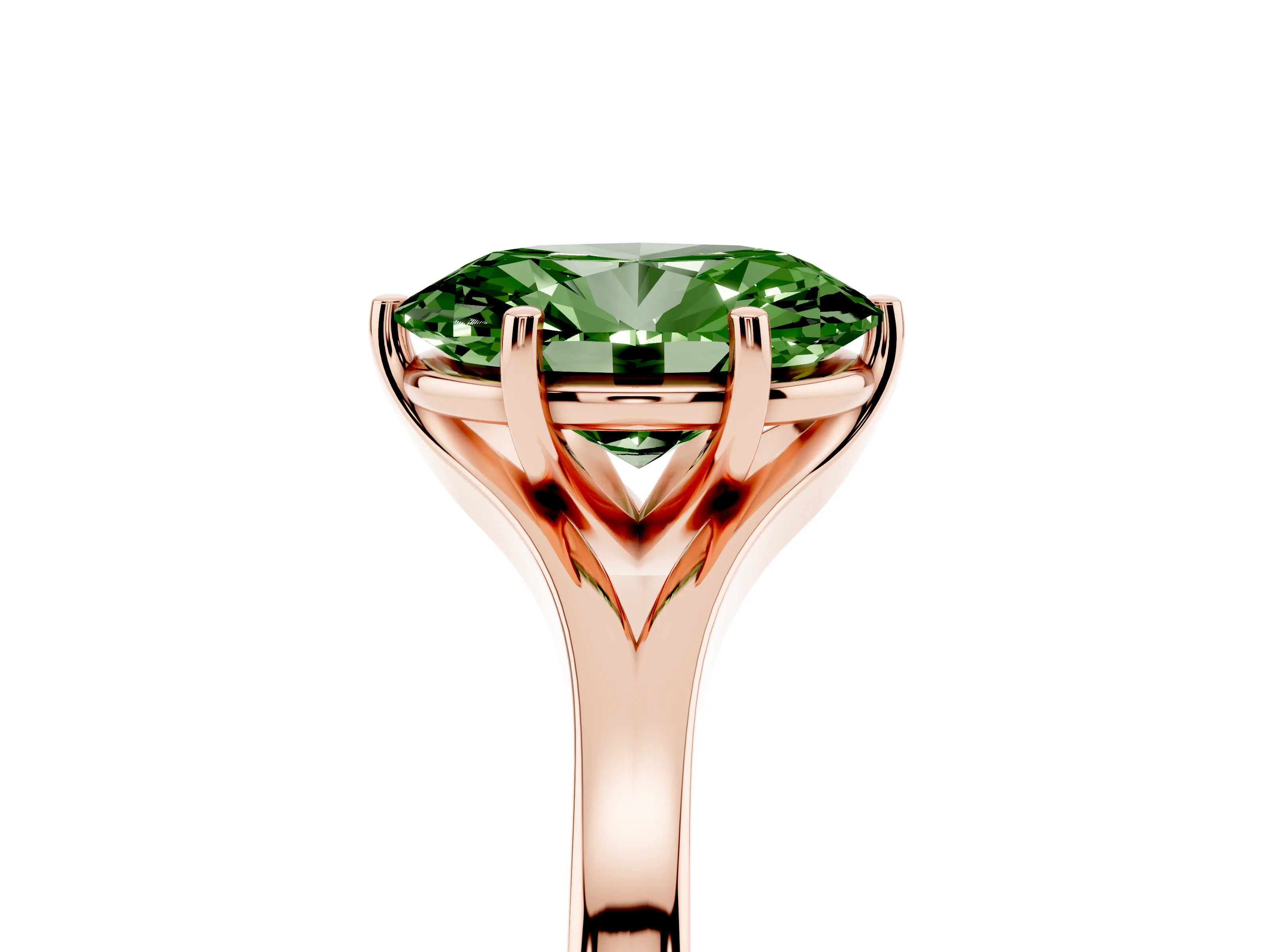 Fancy Green Oval Cut Diamond Solitaire Ring Set in Rose gold with Polished Tapered Band and Prong Setting