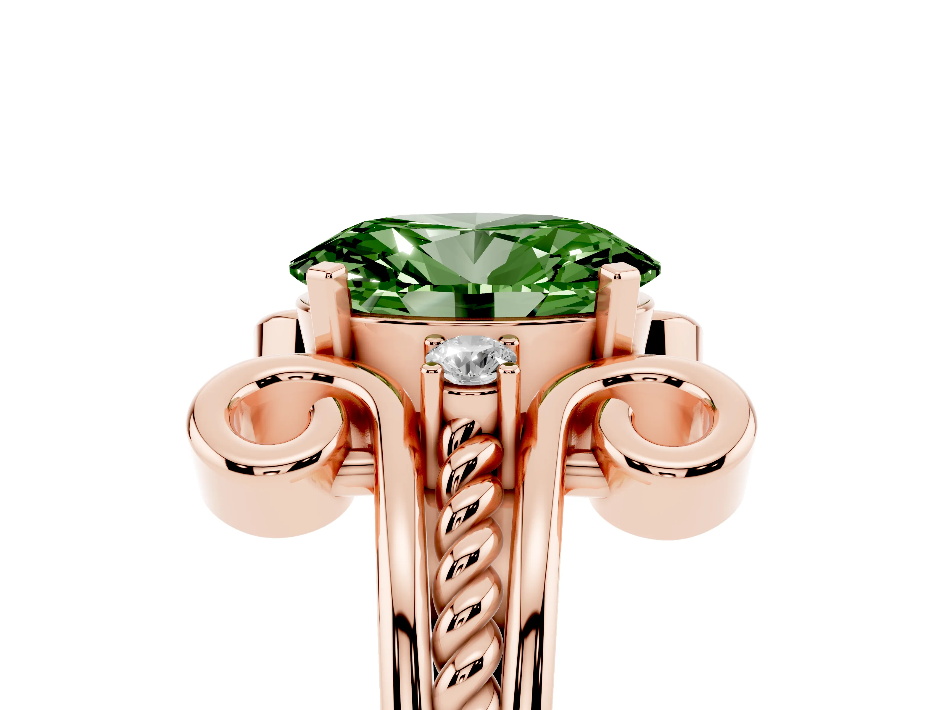 Fancy Green Oval Cut Diamond Twisted Band Solitaire Ring Set in Rose gold with Scroll Prongs