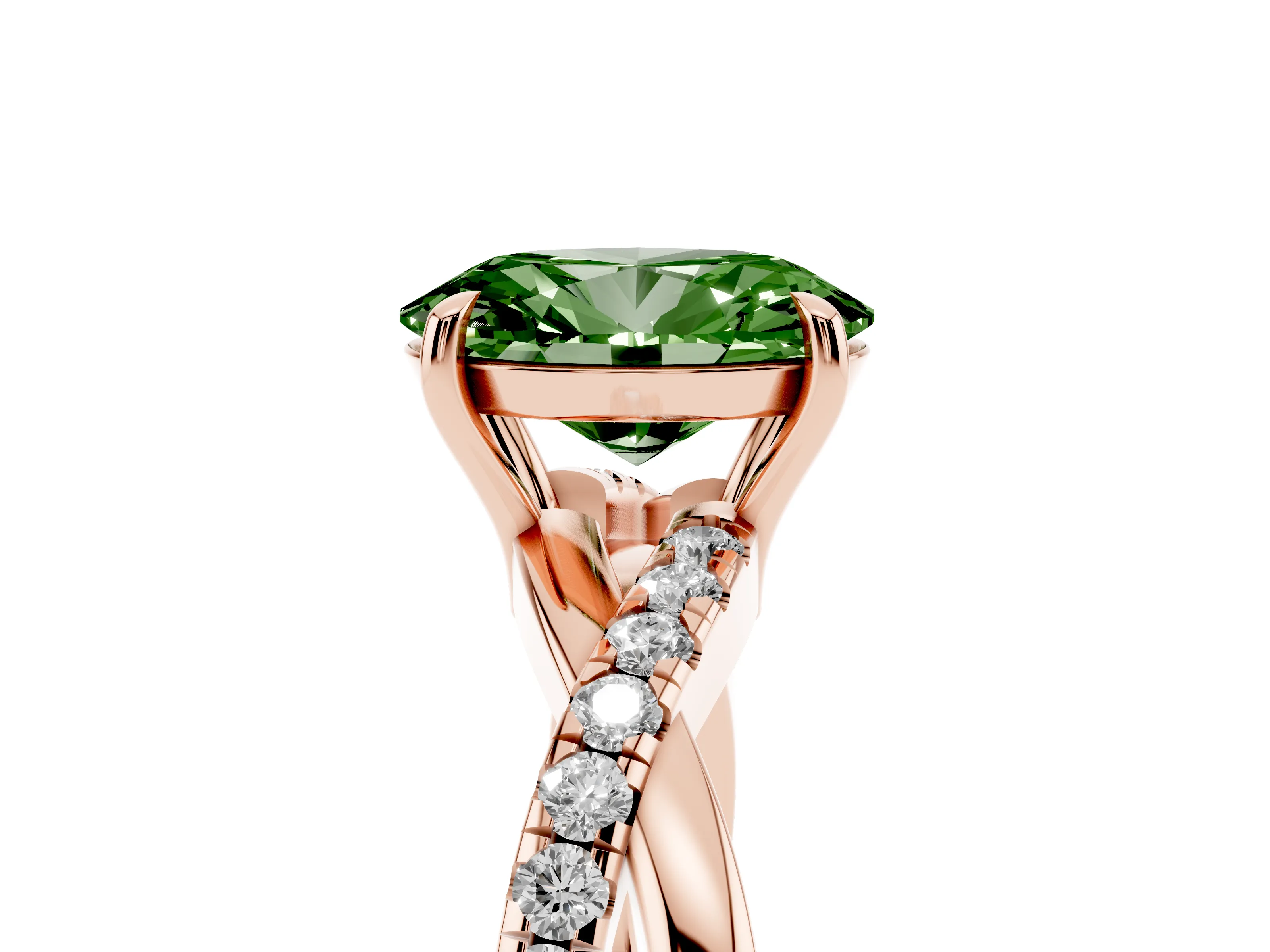 Fancy Green Oval Cut Diamond Twisted Pavé Band Ring Set in Rose gold with Prong Setting