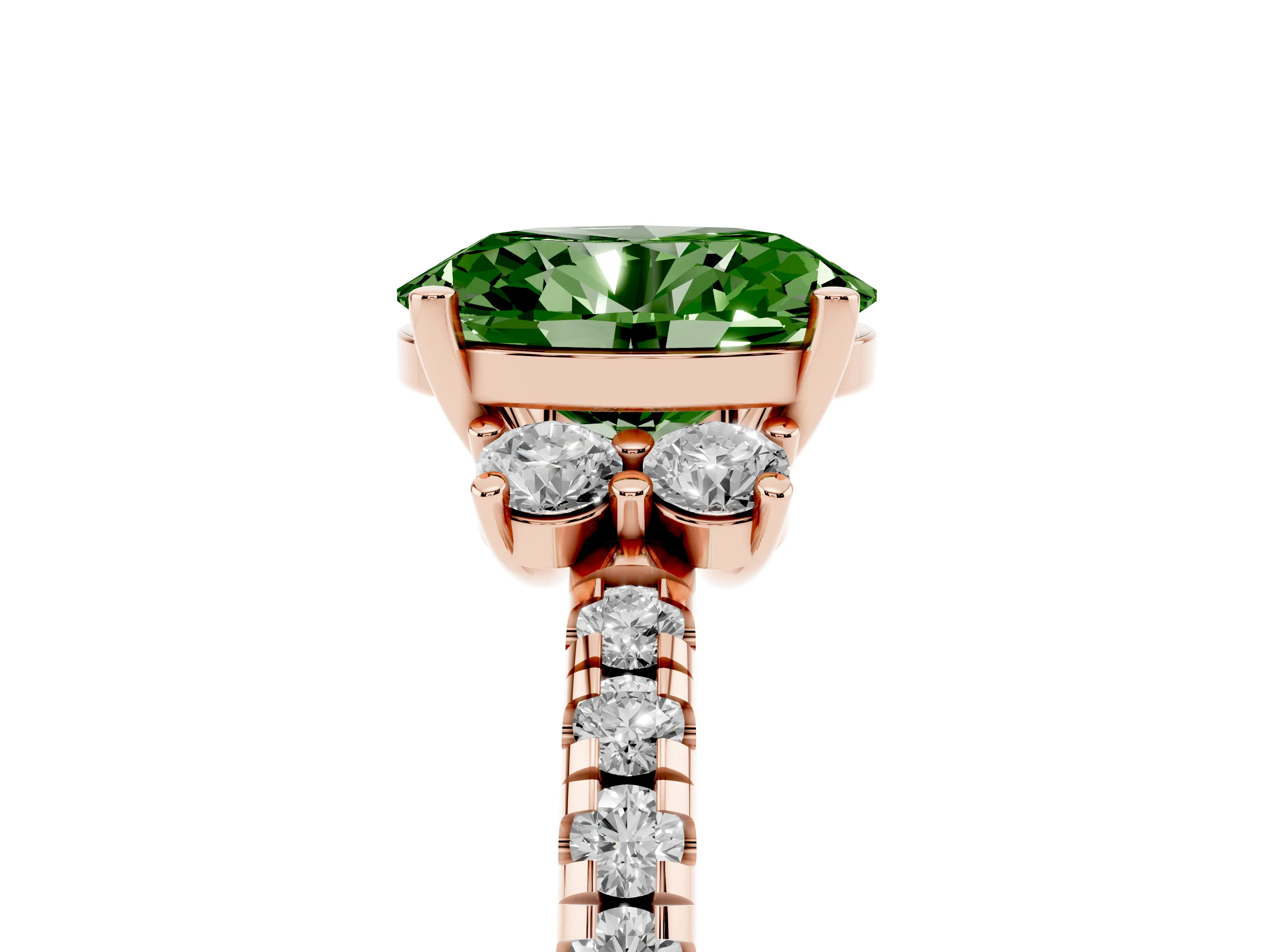 Fancy Green Oval Cut Diamond Three-Stone Pavé Ring Set in Rose gold with Prong Setting