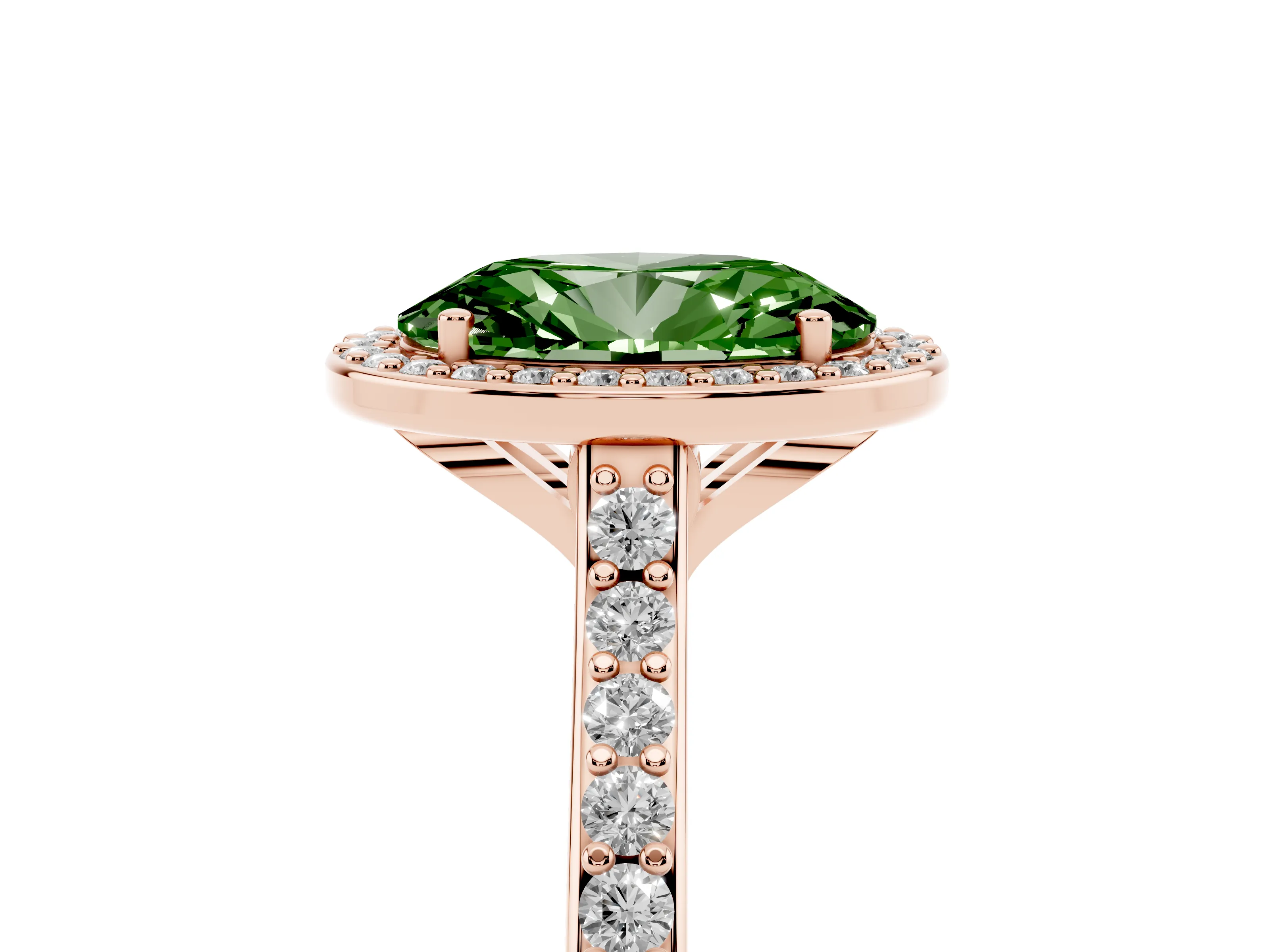 Fancy Green Oval Cut Diamond Halo Engagement Ring Set in Rose gold with Round Pavé Shoulders and Heart Gallery