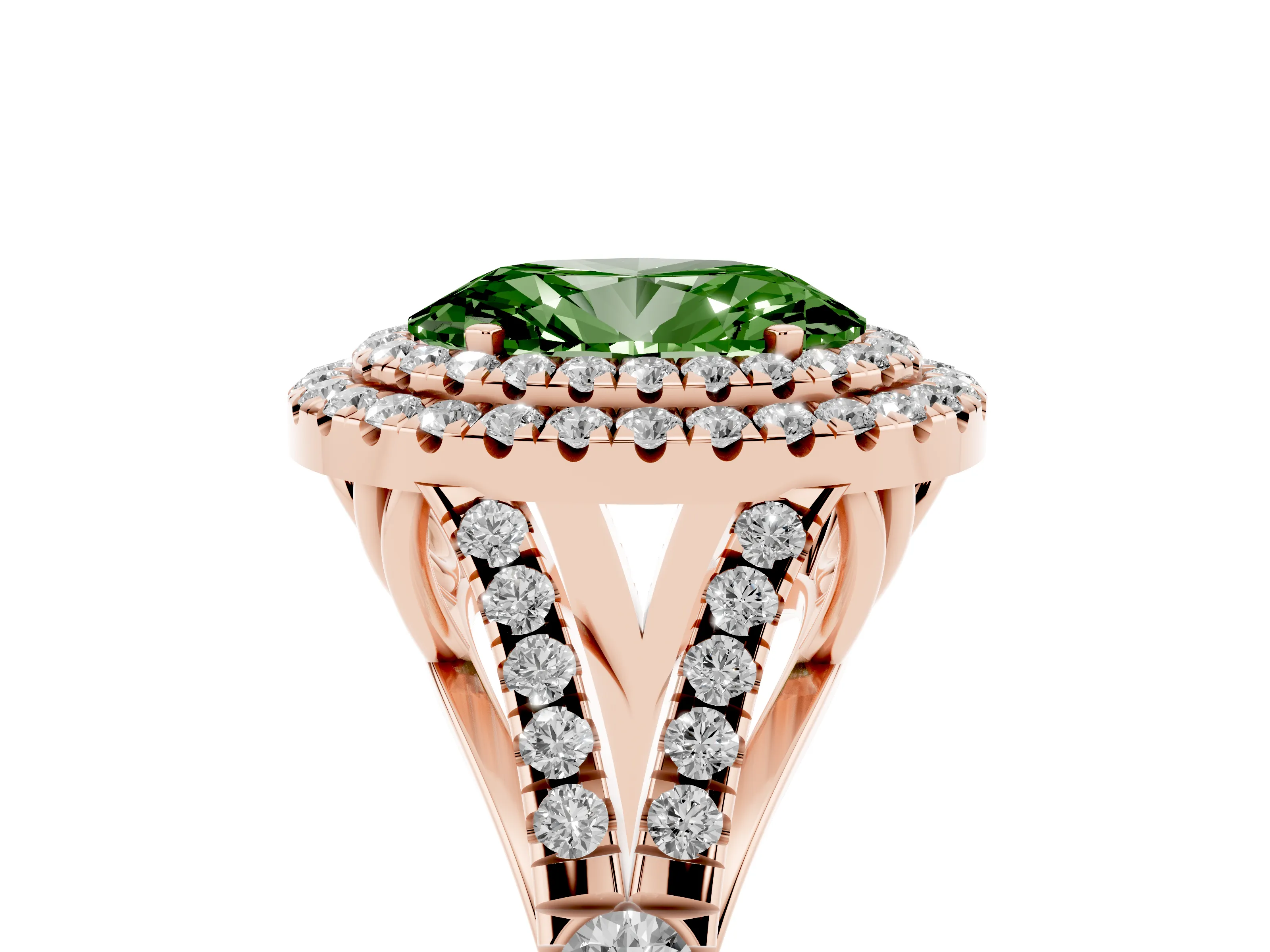 Fancy Green Oval Cut Diamond Pavé Split Shank Double Halo Engagement Ring Set in Rose gold