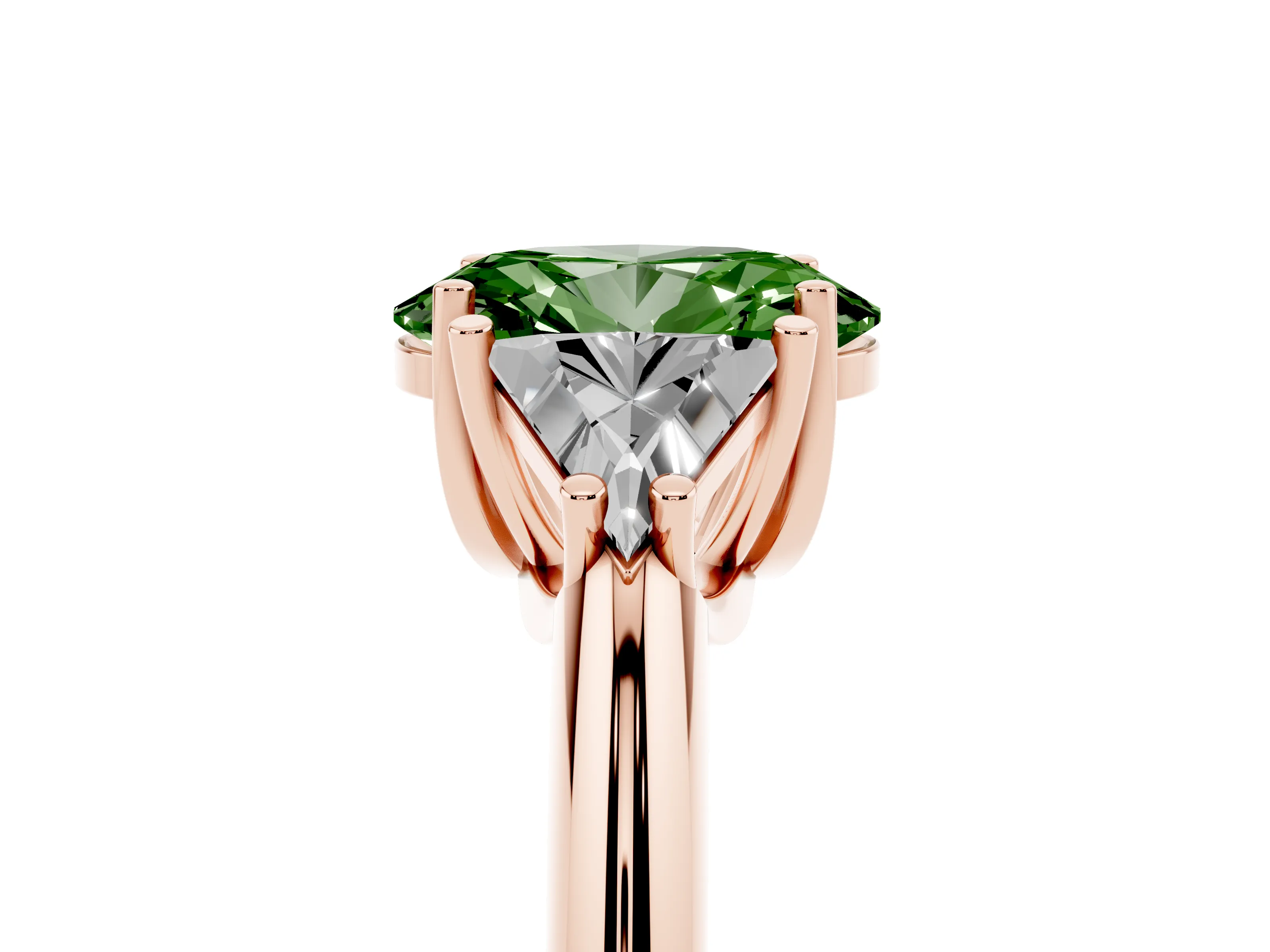 Fancy Green Oval Cut Diamond Three-Stone Engagement Ring Set in Rose gold with Trillion Side Stones