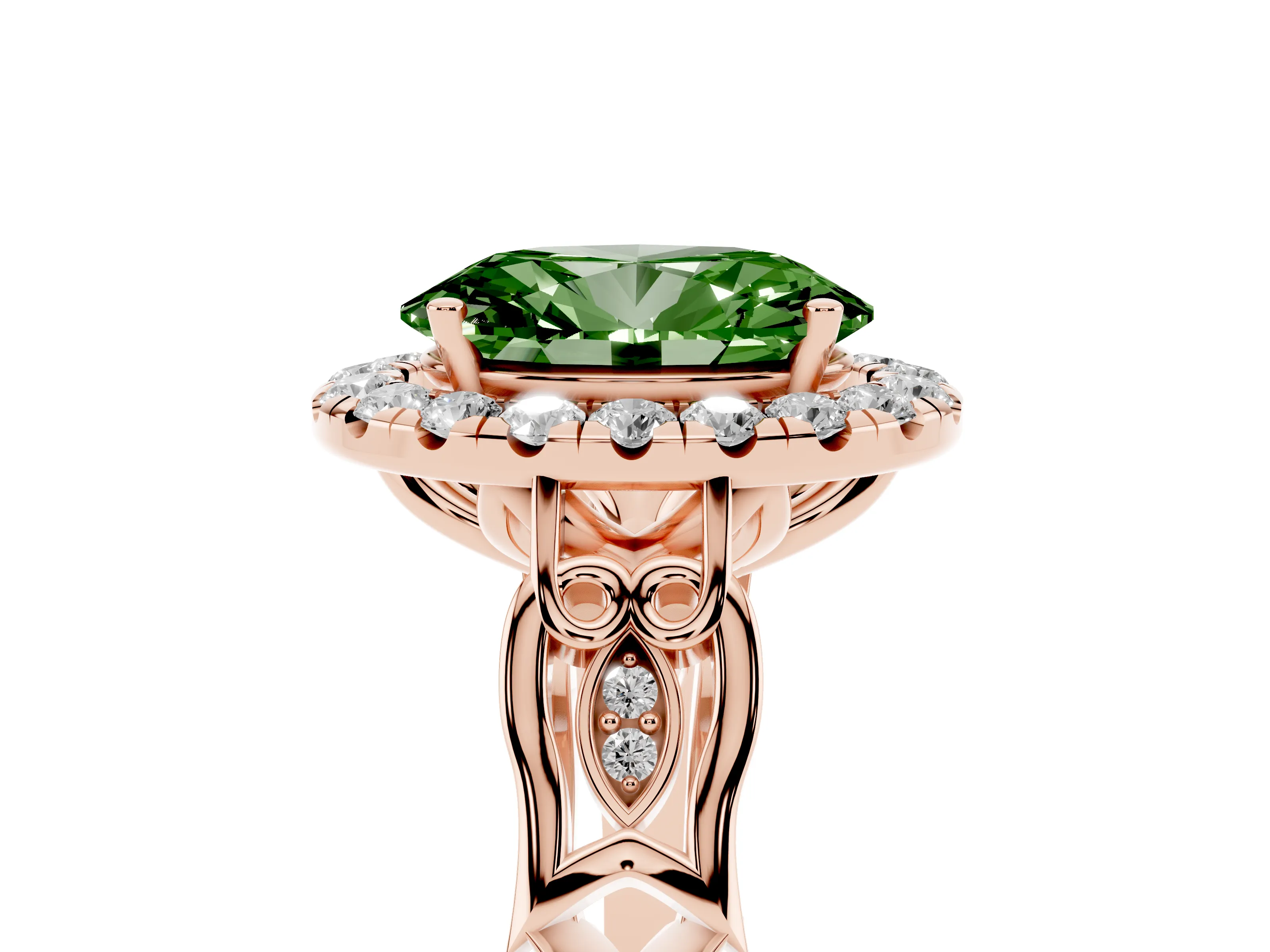 Fancy Green Oval Cut Diamond Halo Engagement Ring Set in Rose gold with Filigree Band and Prong-Set Center