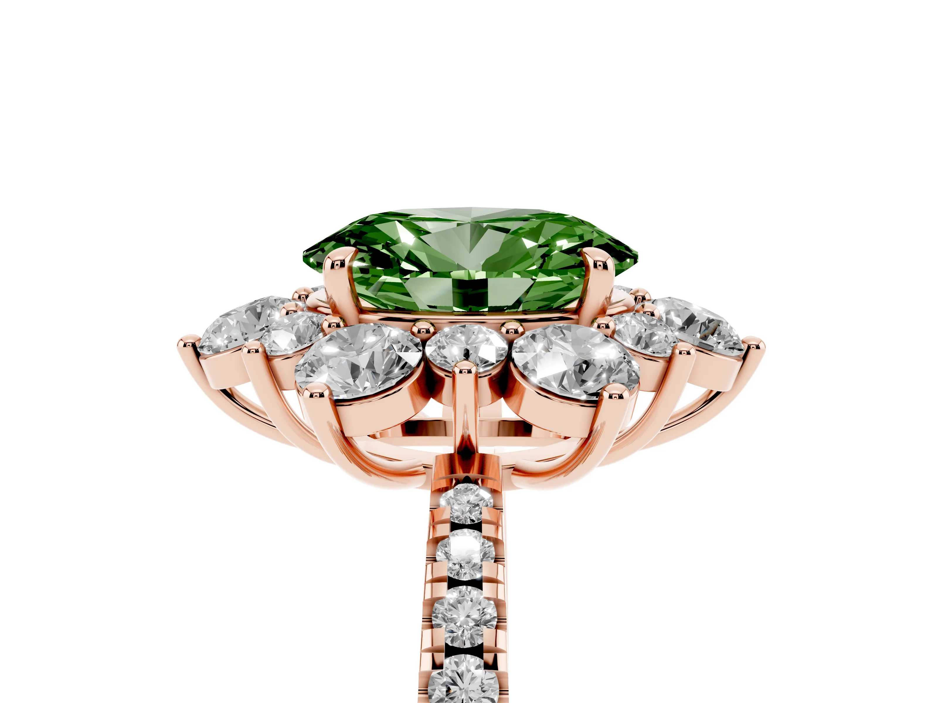 Fancy Green Oval Cut Diamond Floral Halo Ring Set in Rose gold with Round Pavé Band and Prong Setting