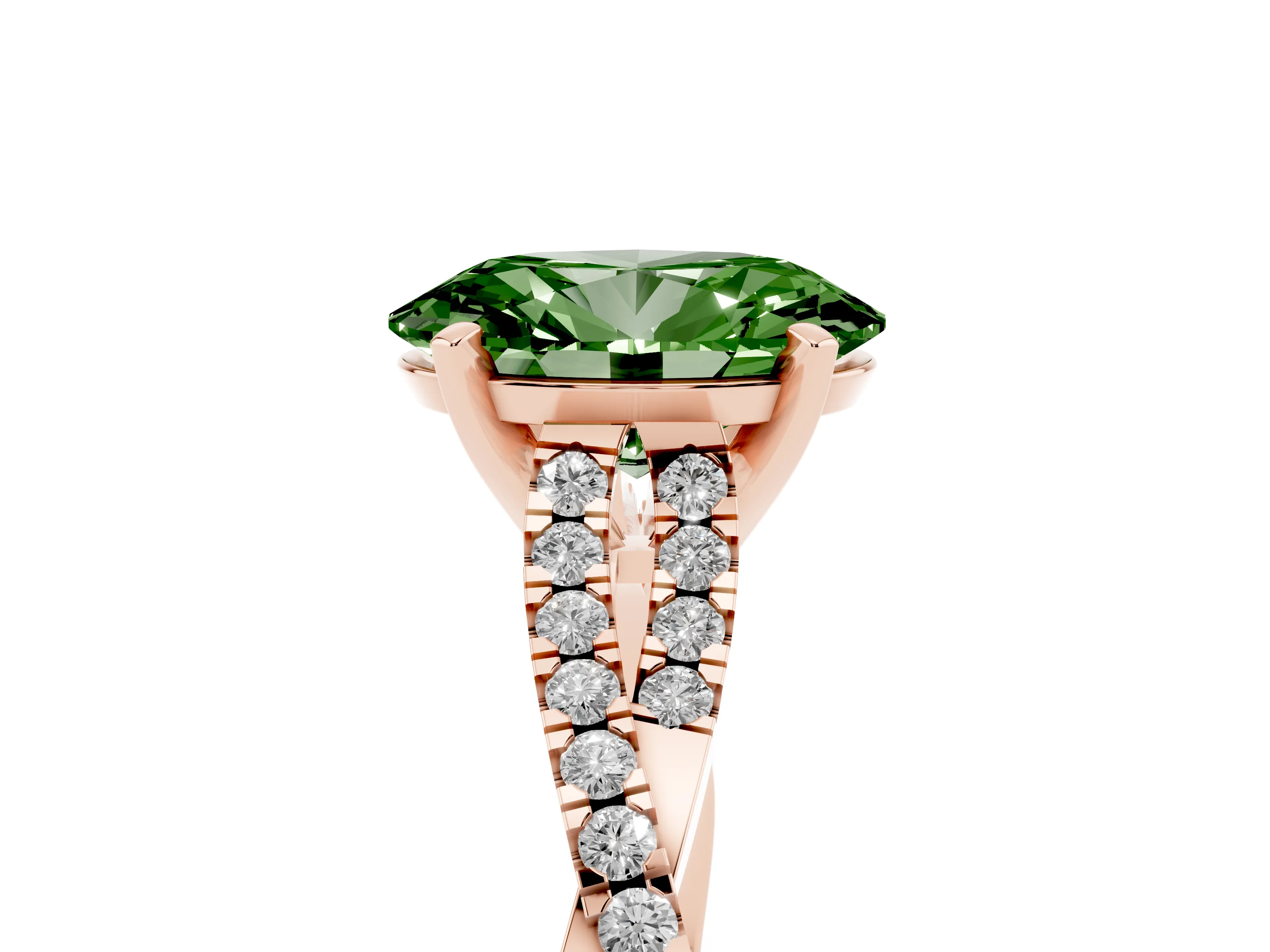 Fancy Green Oval Cut Diamond Solitaire Engagement Ring Set in Rose gold with Twisted Pavé Band and Prong Setting