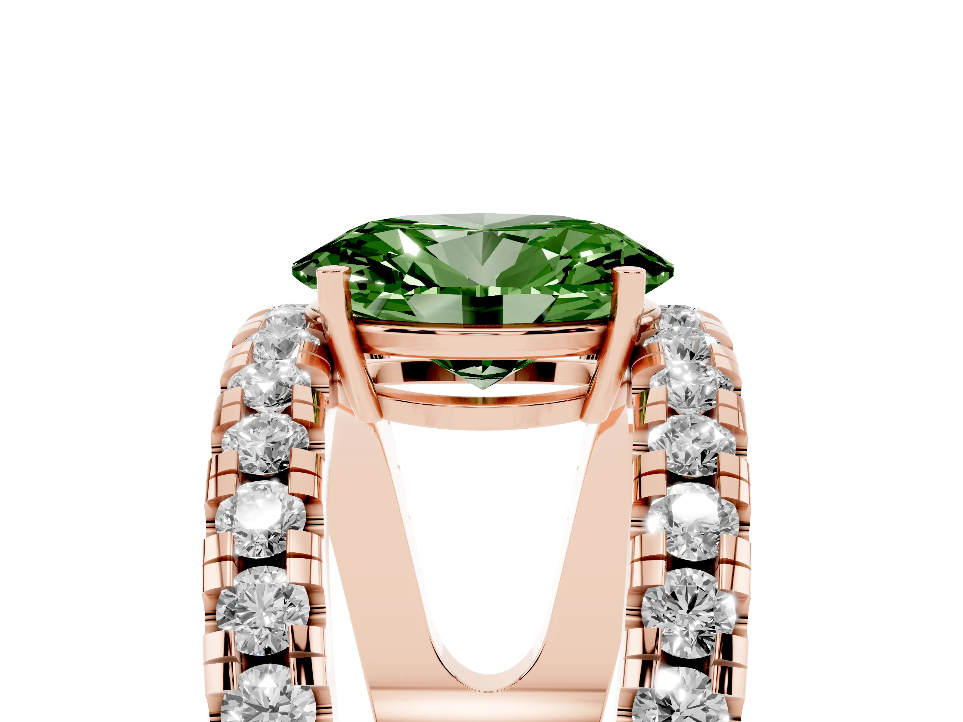 Fancy Green Oval Cut Diamond Split Shank Pavé Solitaire Ring Set in Rose gold with Open Shank Design