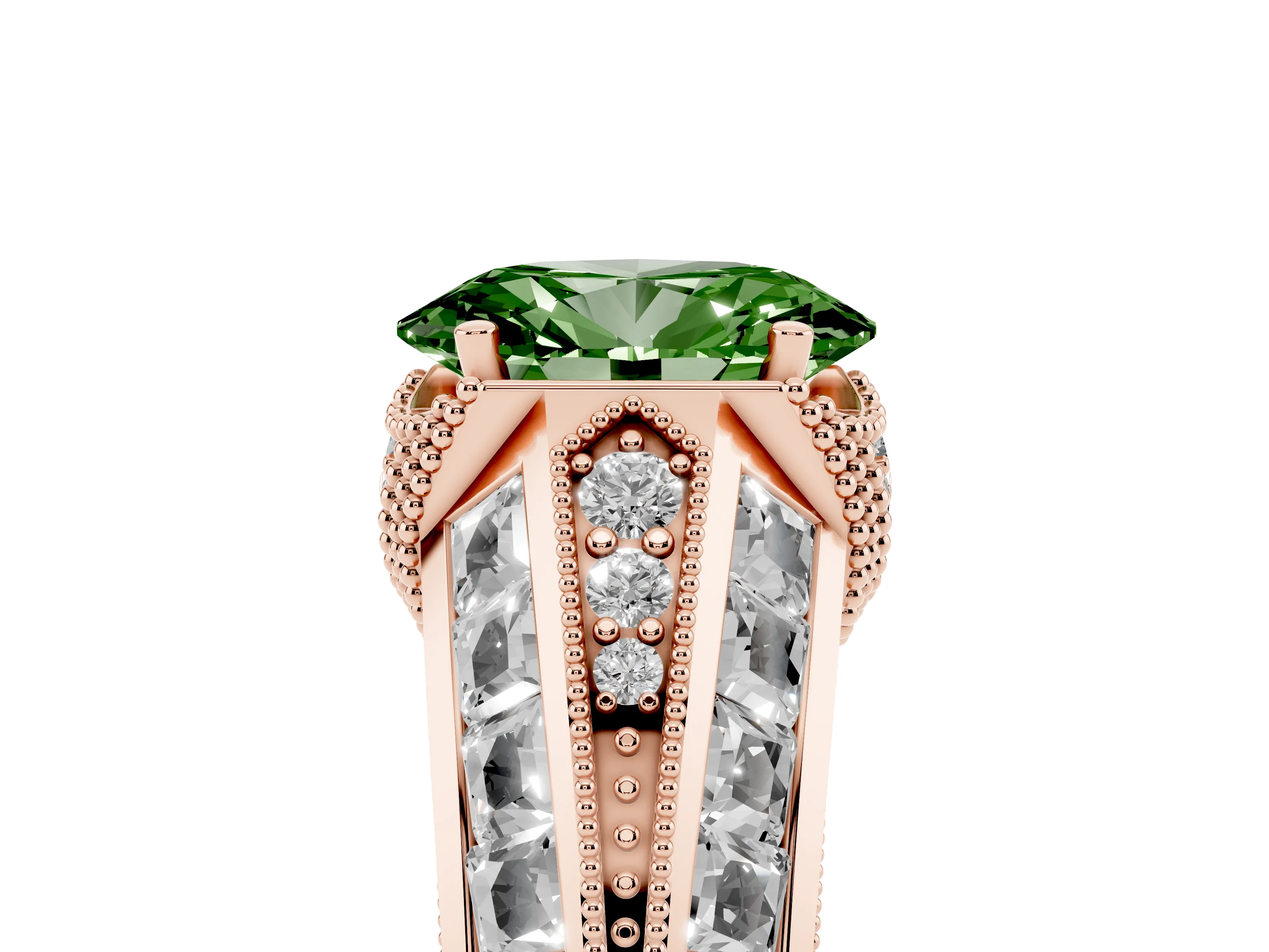 Fancy Green Oval Cut Diamond Vintage-Inspired Milgrain Ring Set in Rose gold with Accent Split Shank