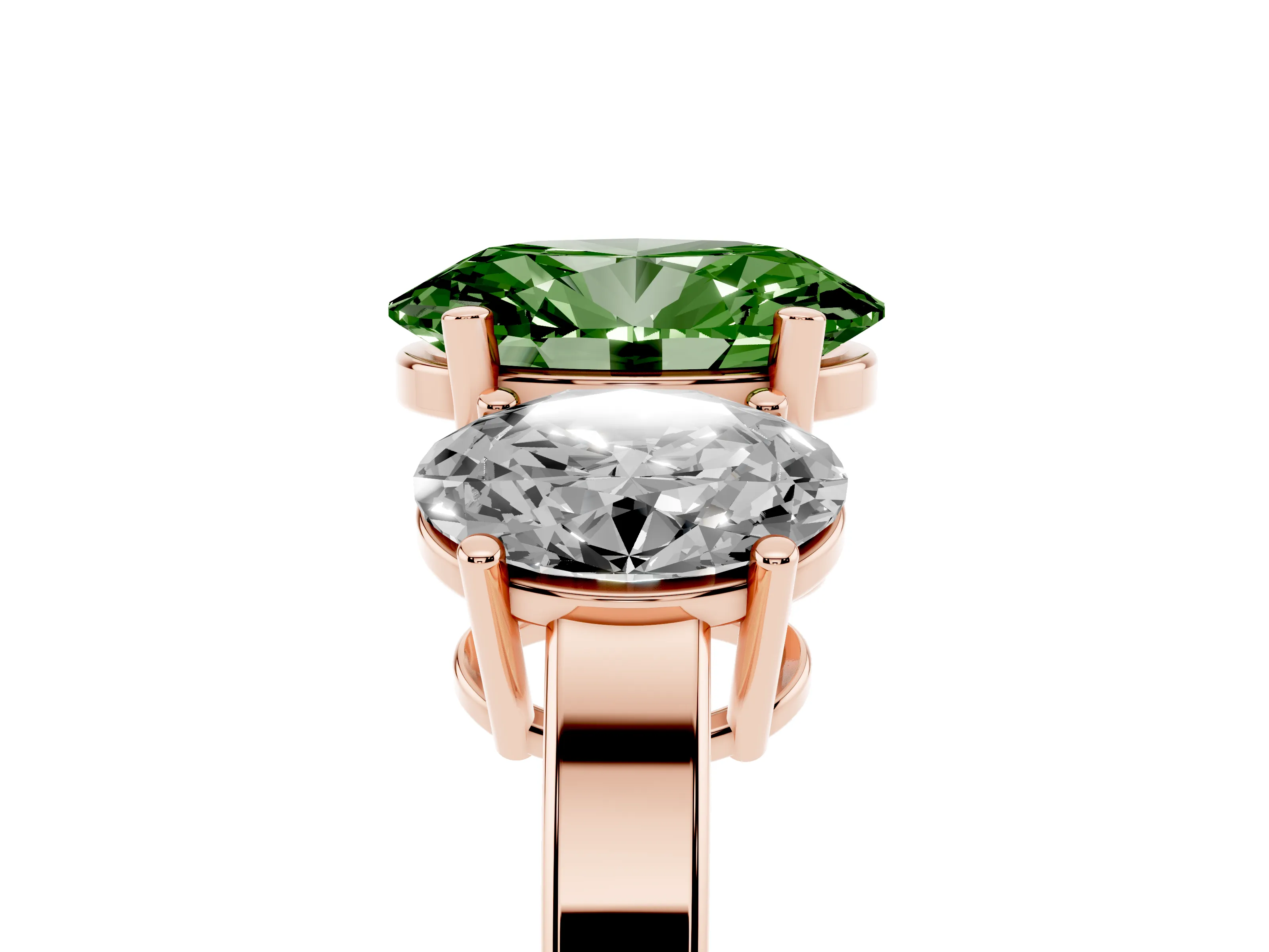 Fancy Green Oval Cut Diamond Three-Stone Engagement Ring Set in Rose gold with Flat Band
