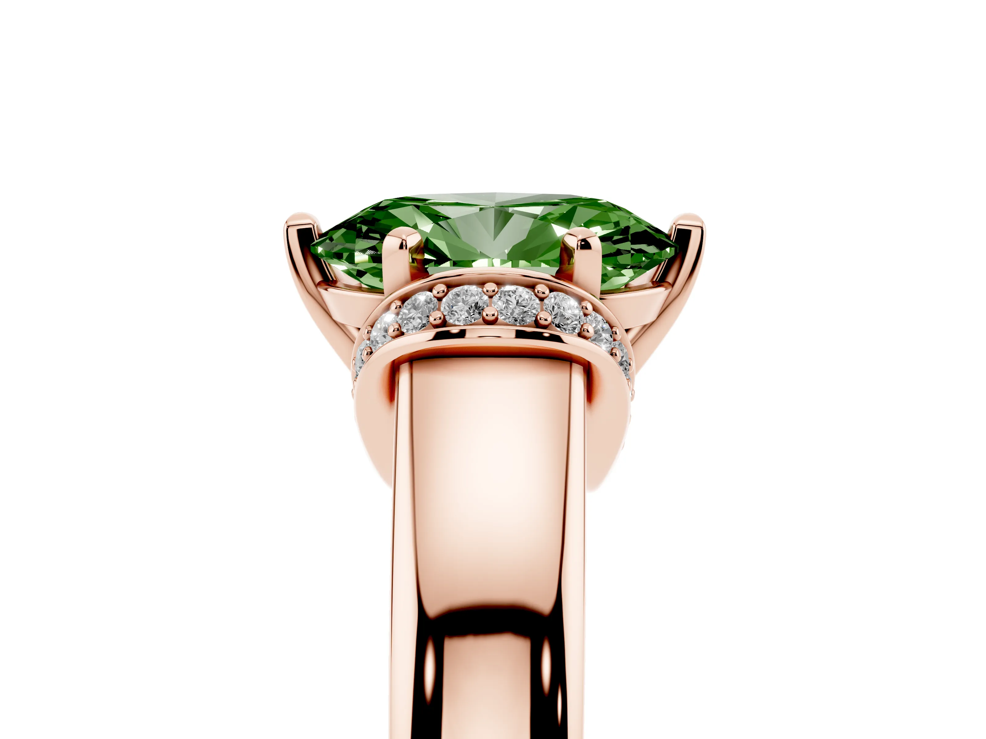 Fancy Green Oval Cut Diamond Pavé Band Solitaire Ring Set in Rose gold with Prong Setting