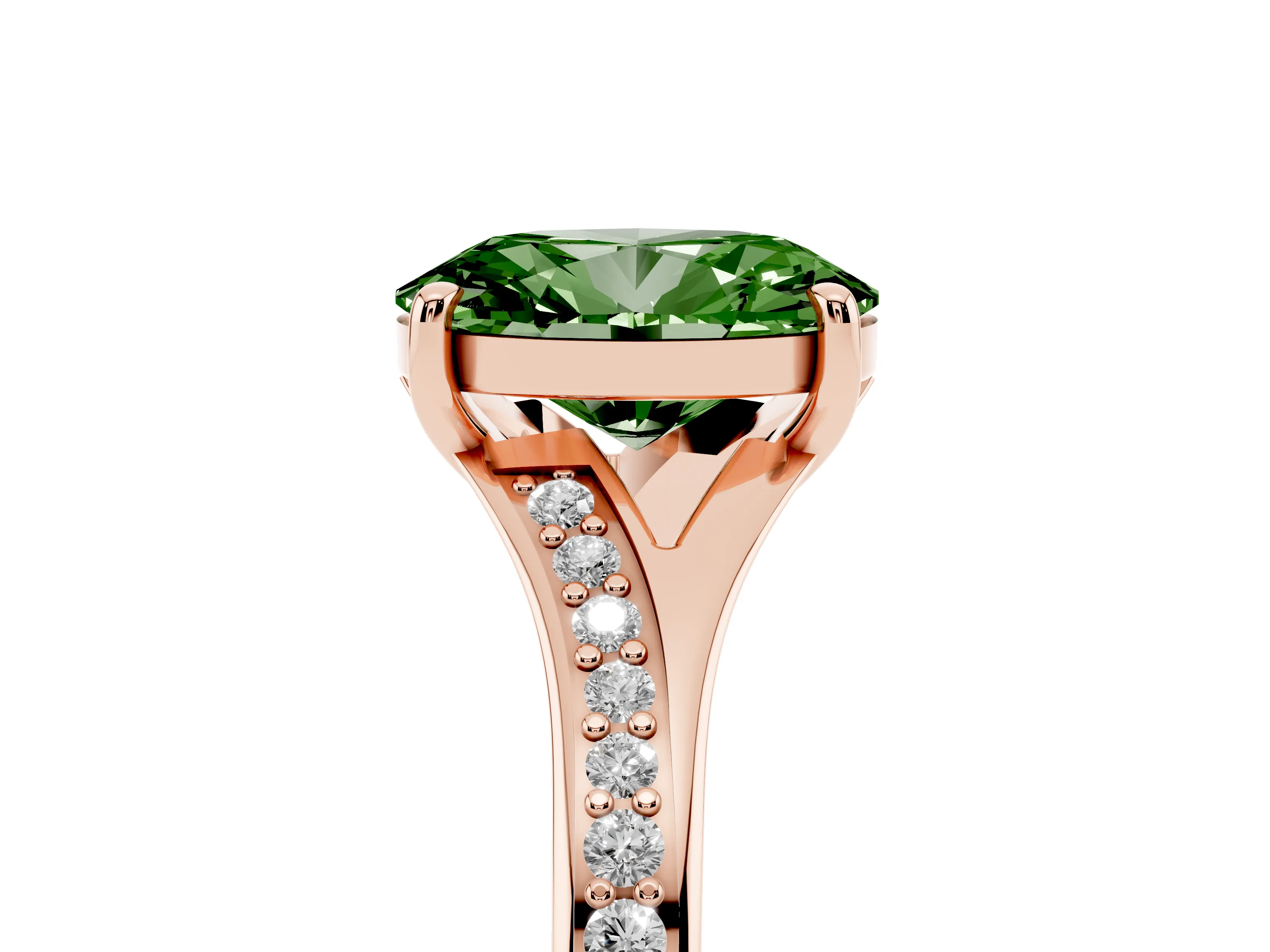 Fancy Green Oval Cut Diamond Solitaire Ring Set in Rose gold with Pavé Accent Band and Classic Prong Setting