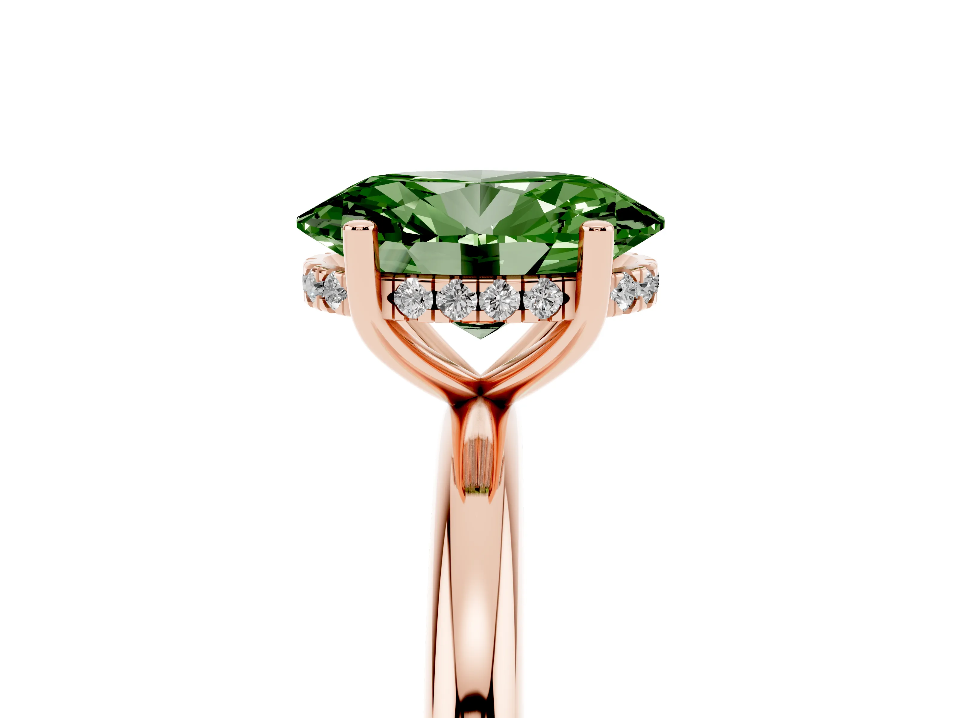 Fancy Green Oval Cut Diamond Solitaire Engagement Ring Set in Rose gold with Prong Setting and Polished Band