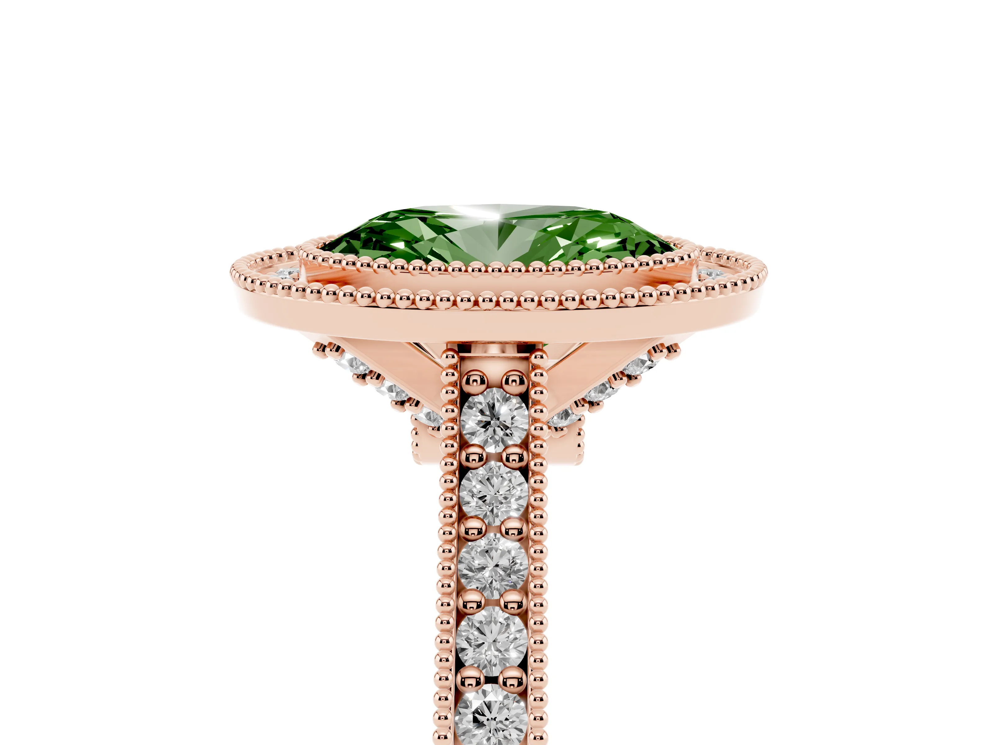 Fancy Green Oval Cut Diamond Halo Milgrain Pavé Band Ring Set in Rose gold with Prong Setting