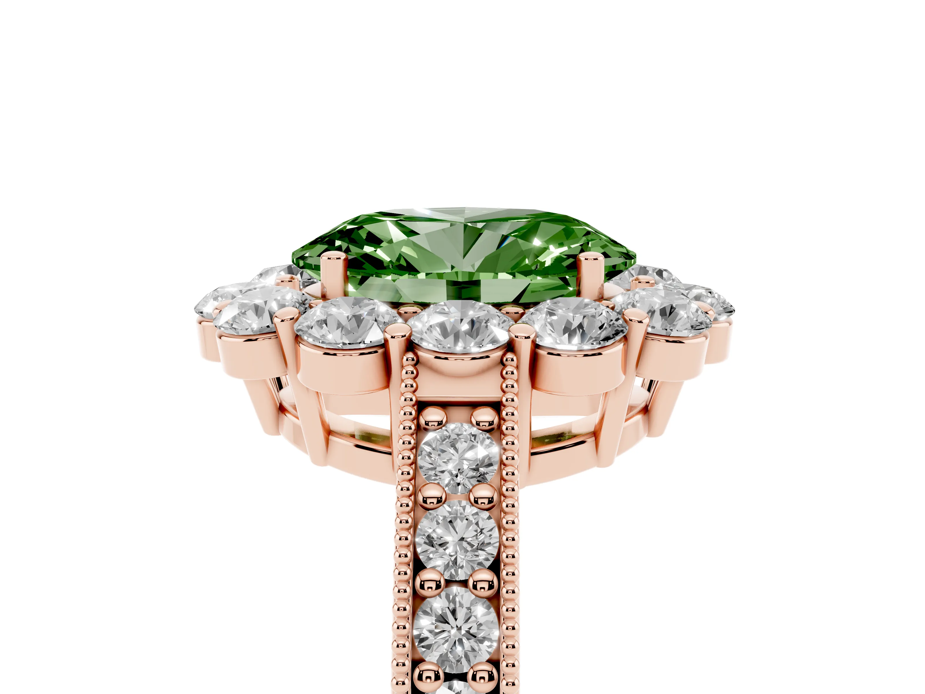 Fancy Green Oval Cut Diamond Halo Pavé Engagement Ring Set in Rose gold with Milgrain Detailing