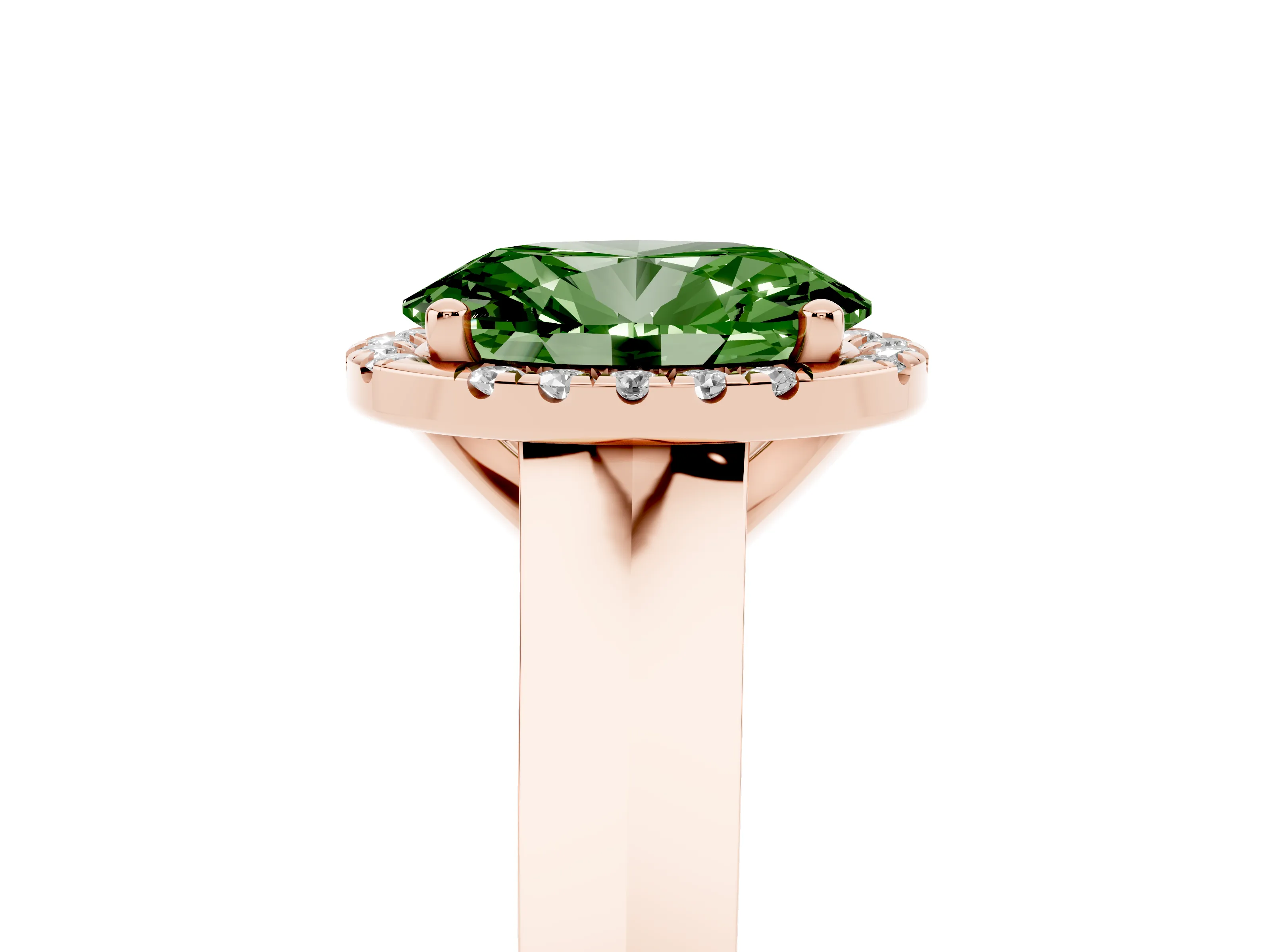 Fancy Green Oval Cut Diamond Halo Ring Set in Rose gold with Cathedral Band and Prong Setting