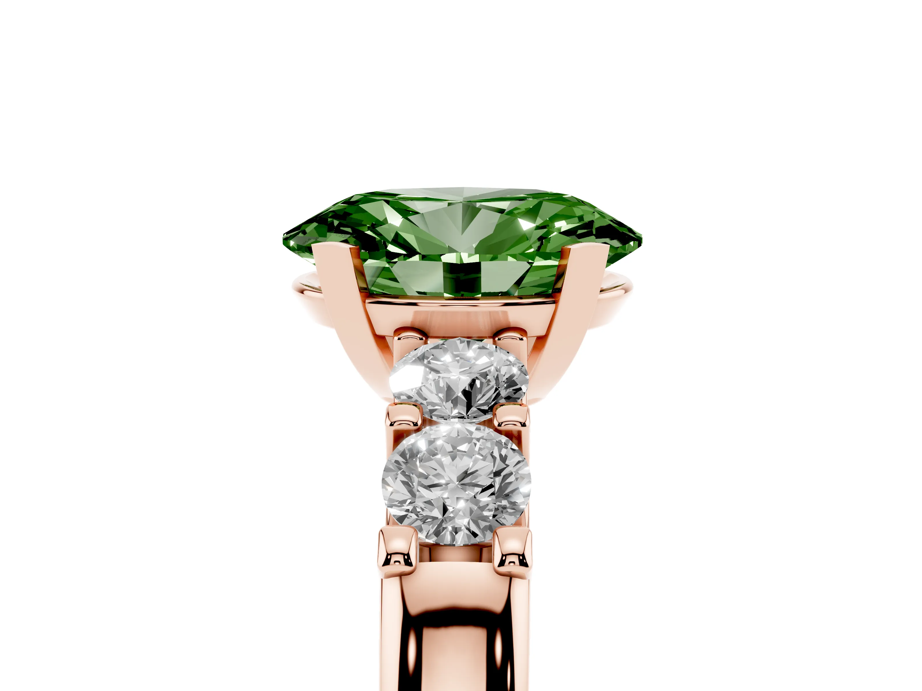 Fancy Green Oval Cut Diamond Five-Stone Prong Set Engagement Ring Set in Rose gold with Channel Band