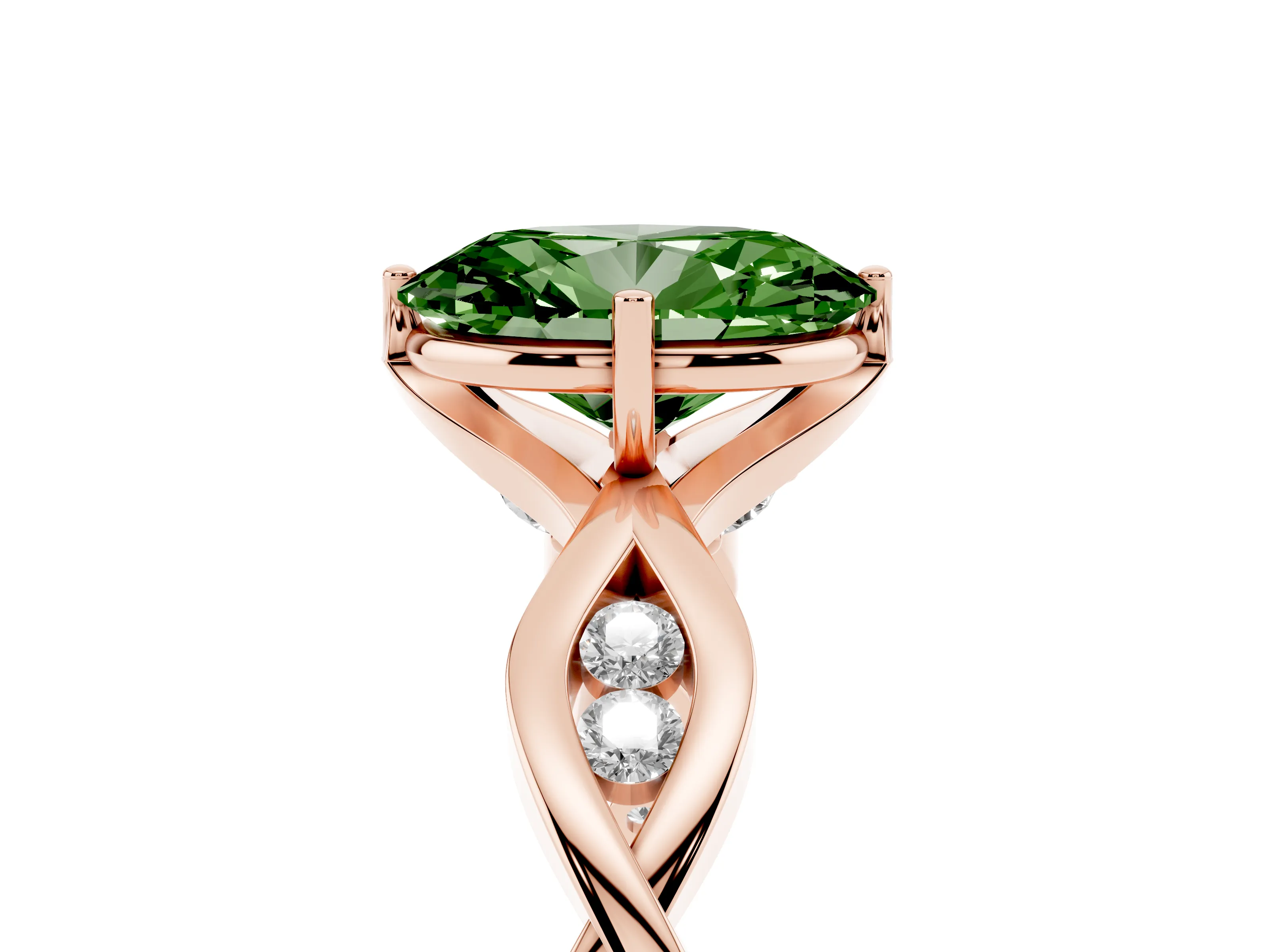 Fancy Green Oval Cut Diamond Twist Band Solitaire Ring Set in Rose gold with Leaf Prong Setting and Accent Stones