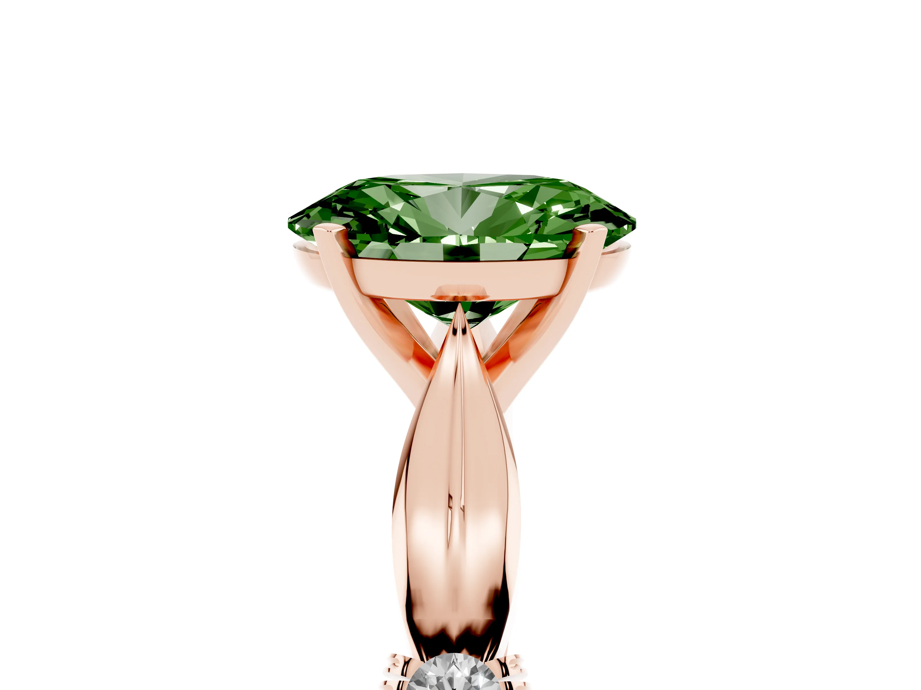Fancy Green Oval Cut Diamond Solitaire Twisted Band Ring Set in Rose gold with Accent Stones and Prong Setting