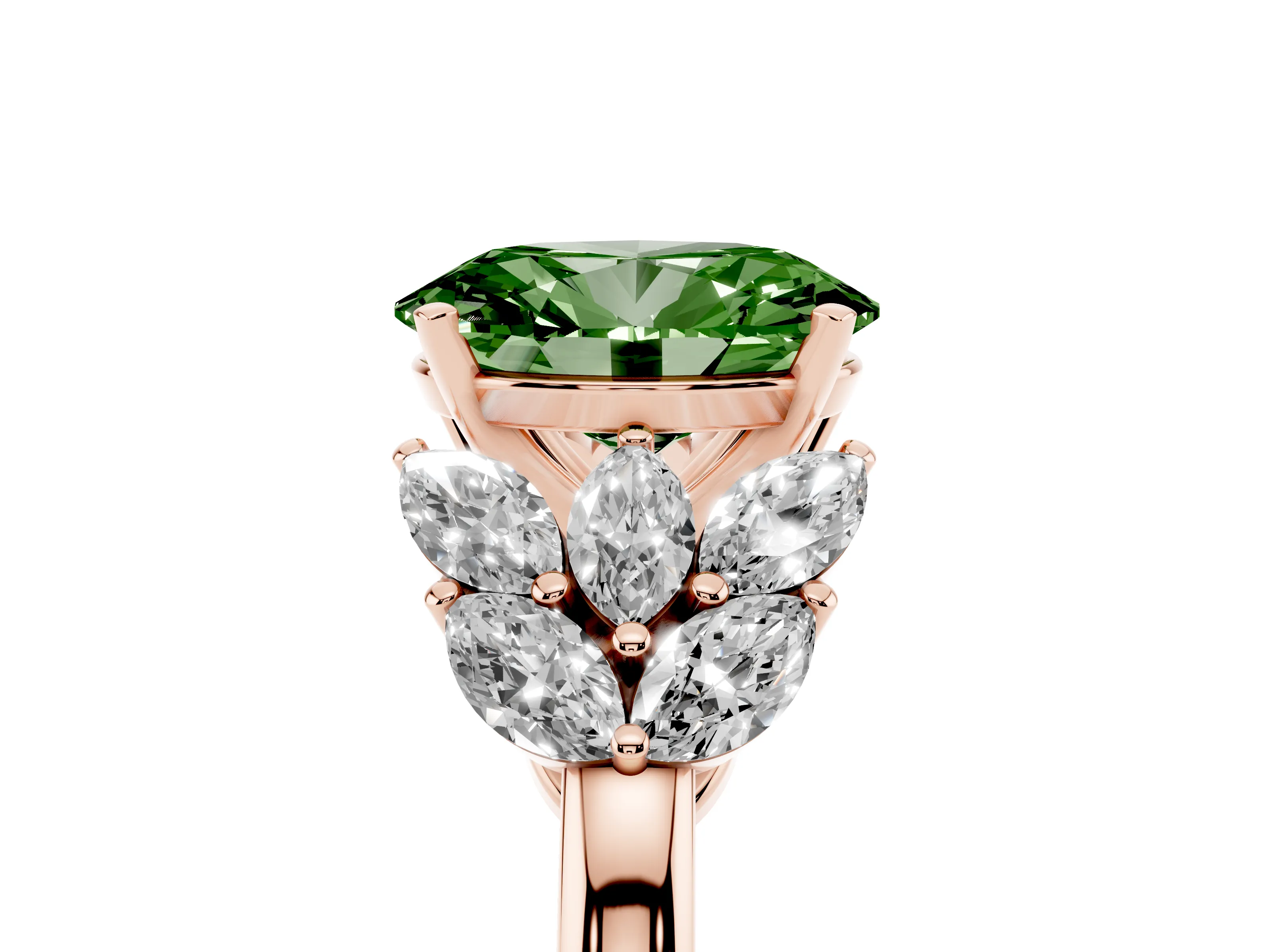 Fancy Green Oval Cut Diamond Cluster Leaf Design Ring Set in Rose gold with Prong Setting