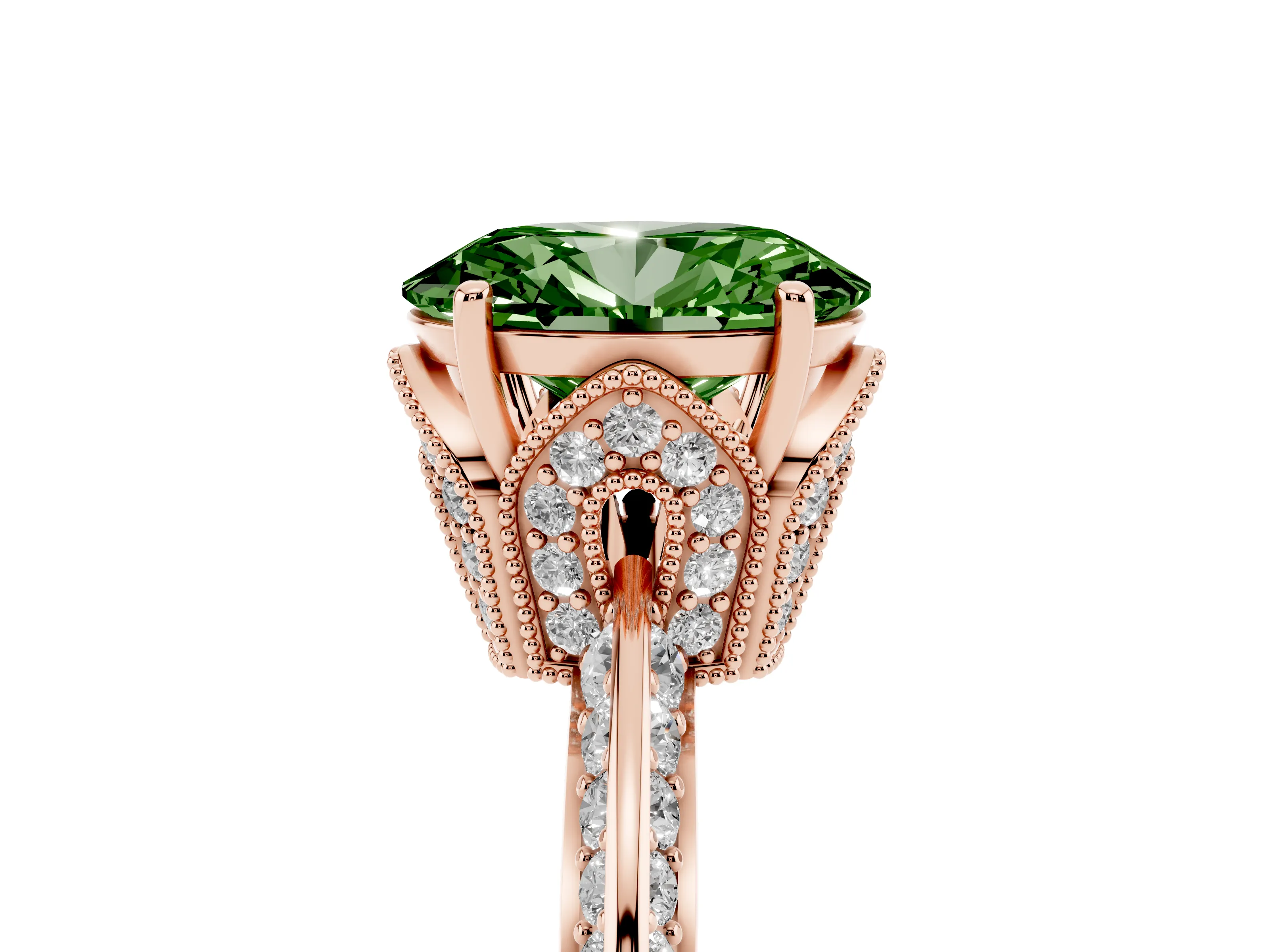 Fancy Green Oval Cut Diamond Solitaire Engagement Ring Set in Rose gold with Pavé Split Shank and Prong Setting