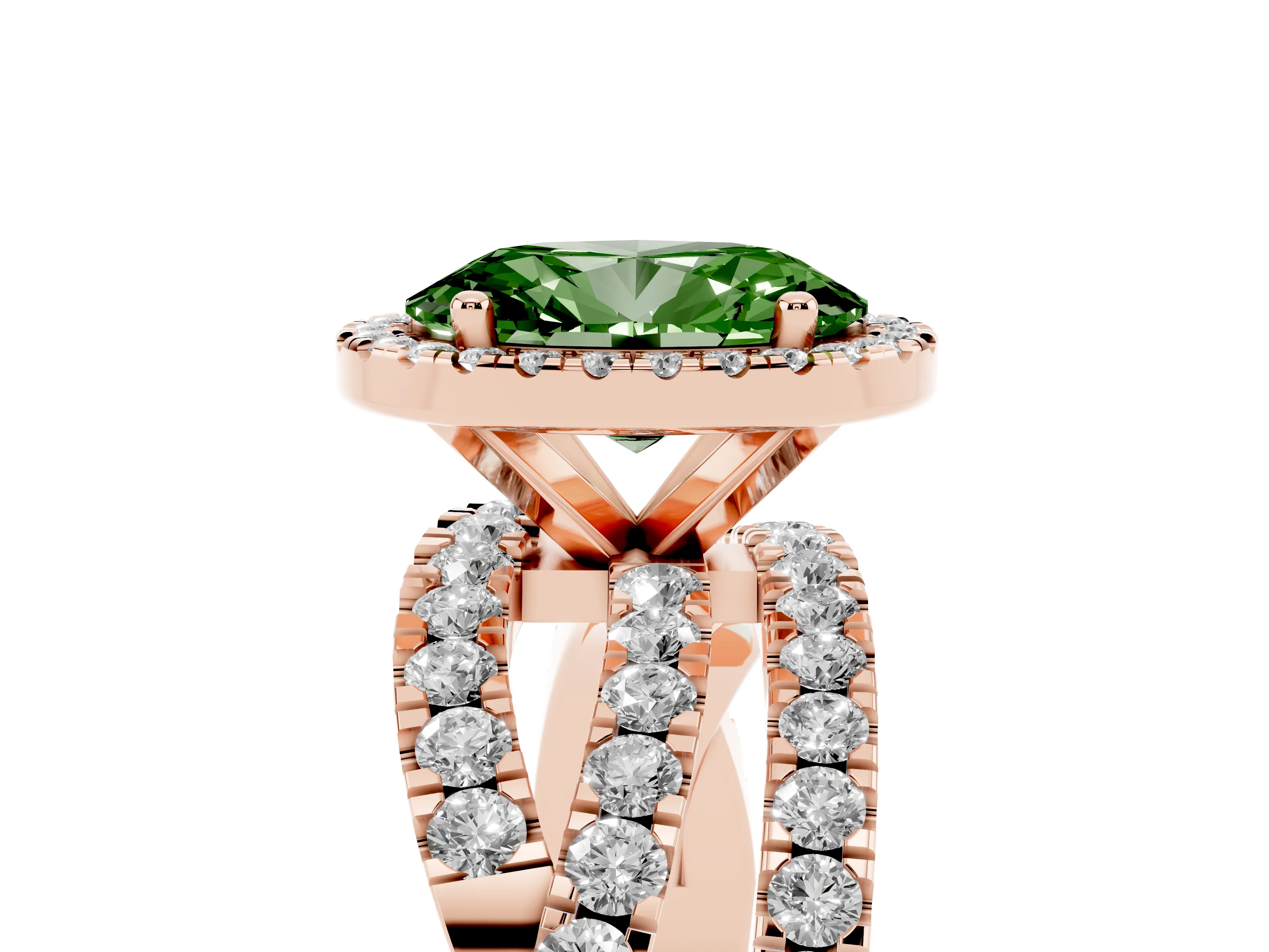 Fancy Green Oval Cut Diamond Halo Ring Set in Rose gold with Round Crossover Split Shank and Prong Setting