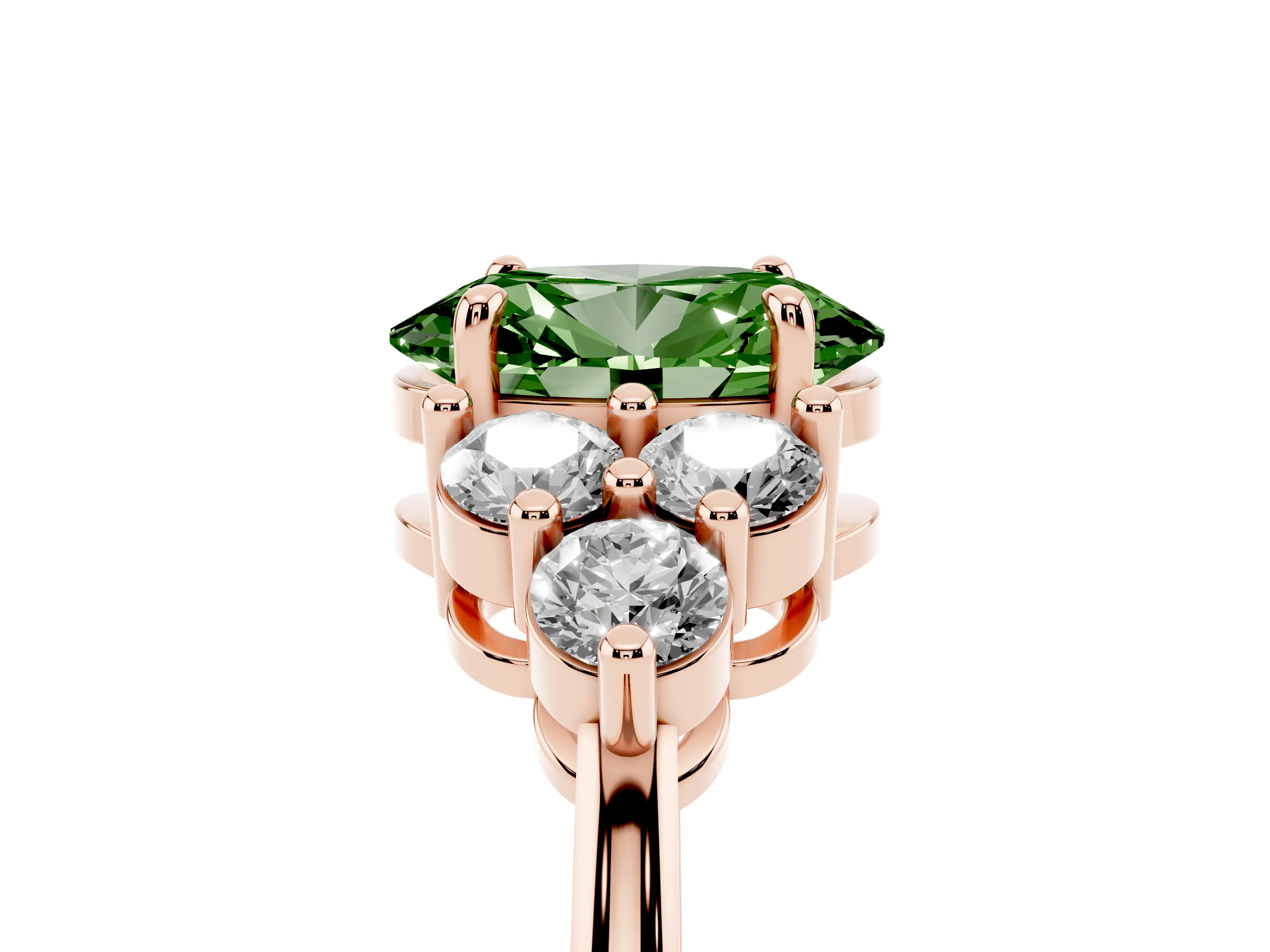 Fancy Green Oval Cut Diamond Solitaire Ring Set in Rose gold with Cluster Accents on Each Side