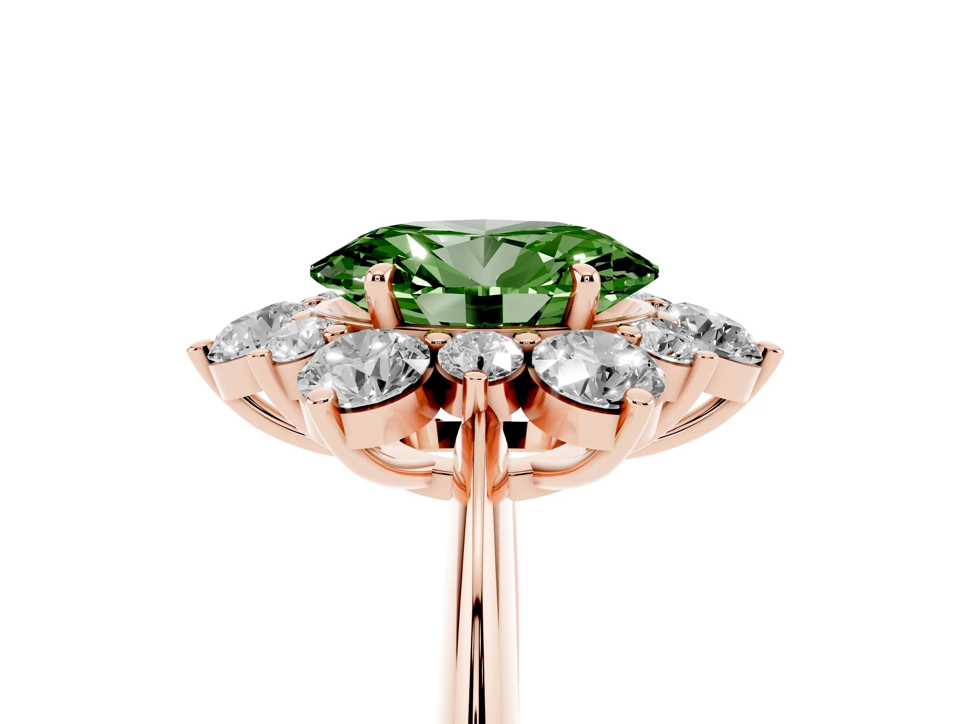 Fancy Green Oval Cut Diamond Cluster Halo Ring Set in Rose gold with Solitaire Band and Prong Setting