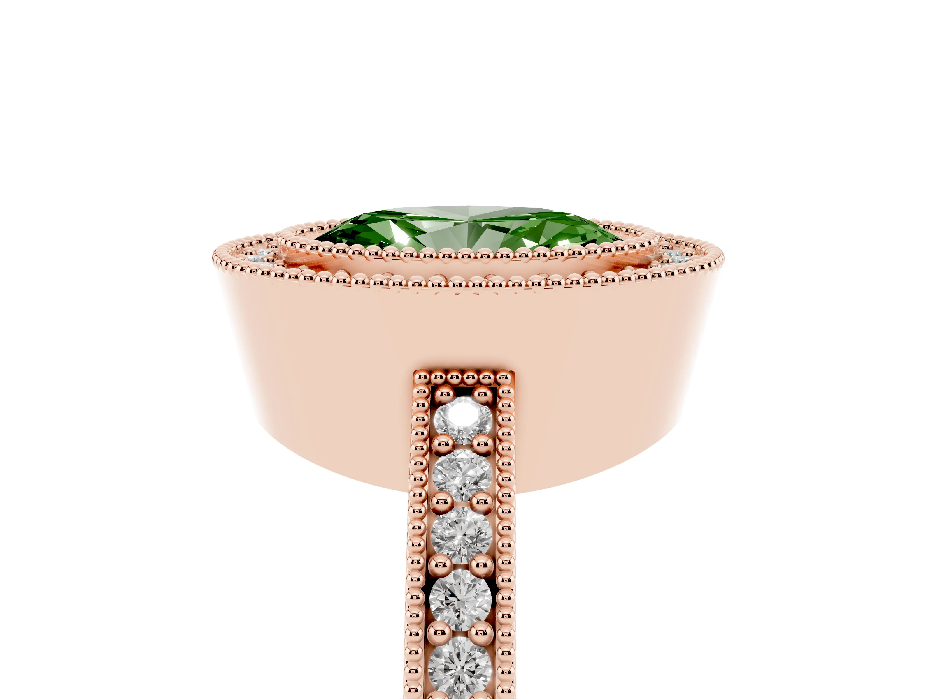 Fancy Green Oval Cut Diamond Halo Engagement Ring Set in Rose gold with Pavé Band and Round Halo Stones