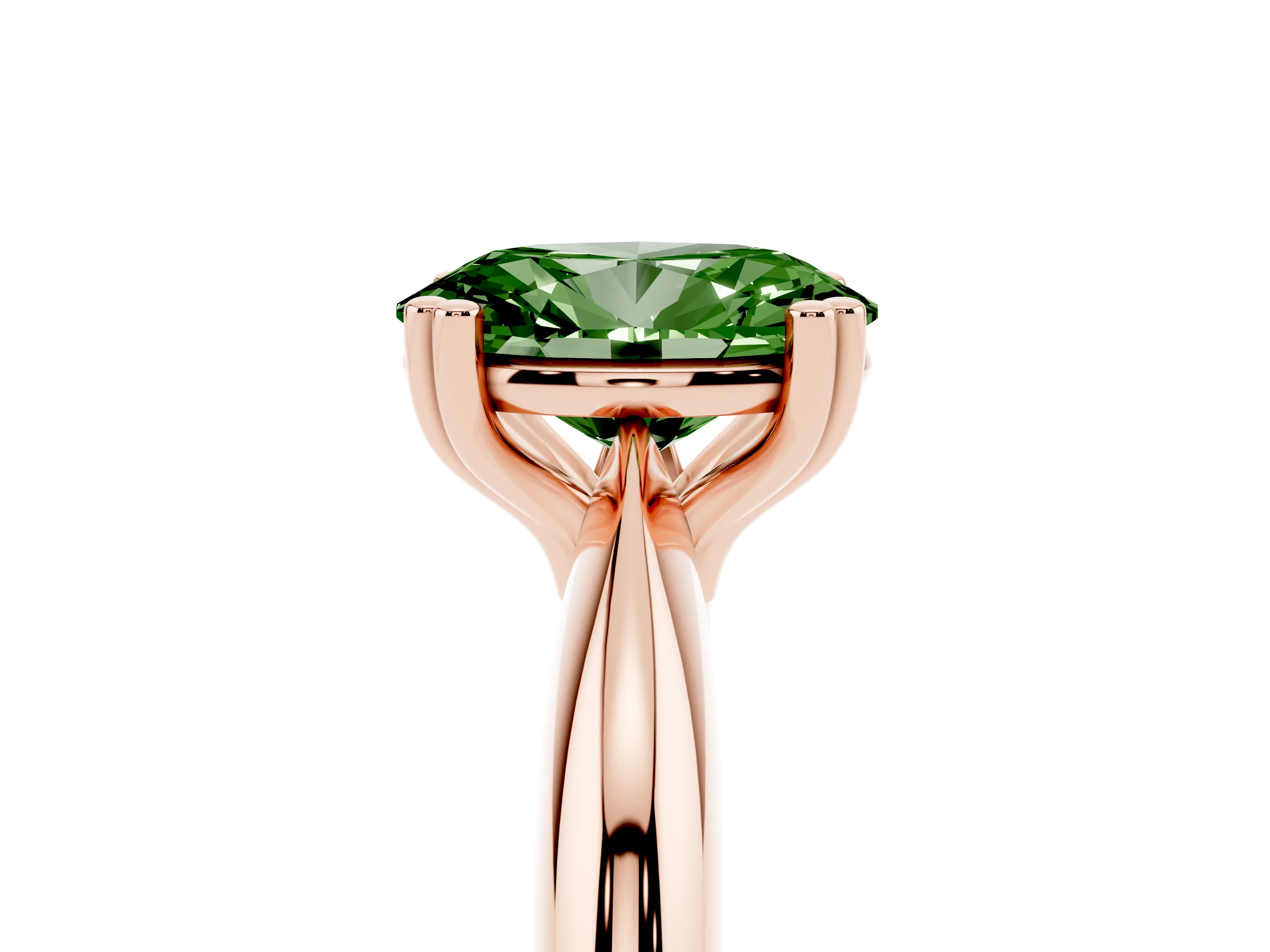 Fancy Green Oval Cut Diamond Solitaire Engagement Ring Set in Rose gold with Tapered Band and Prong Setting